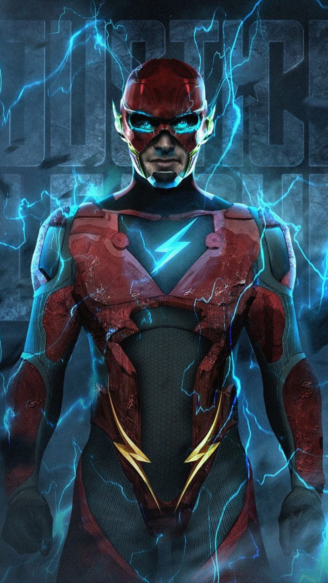 The Flash in a red armored suit with gold trim and a glowing emblem surrounded by crackling blue lightning bolts.