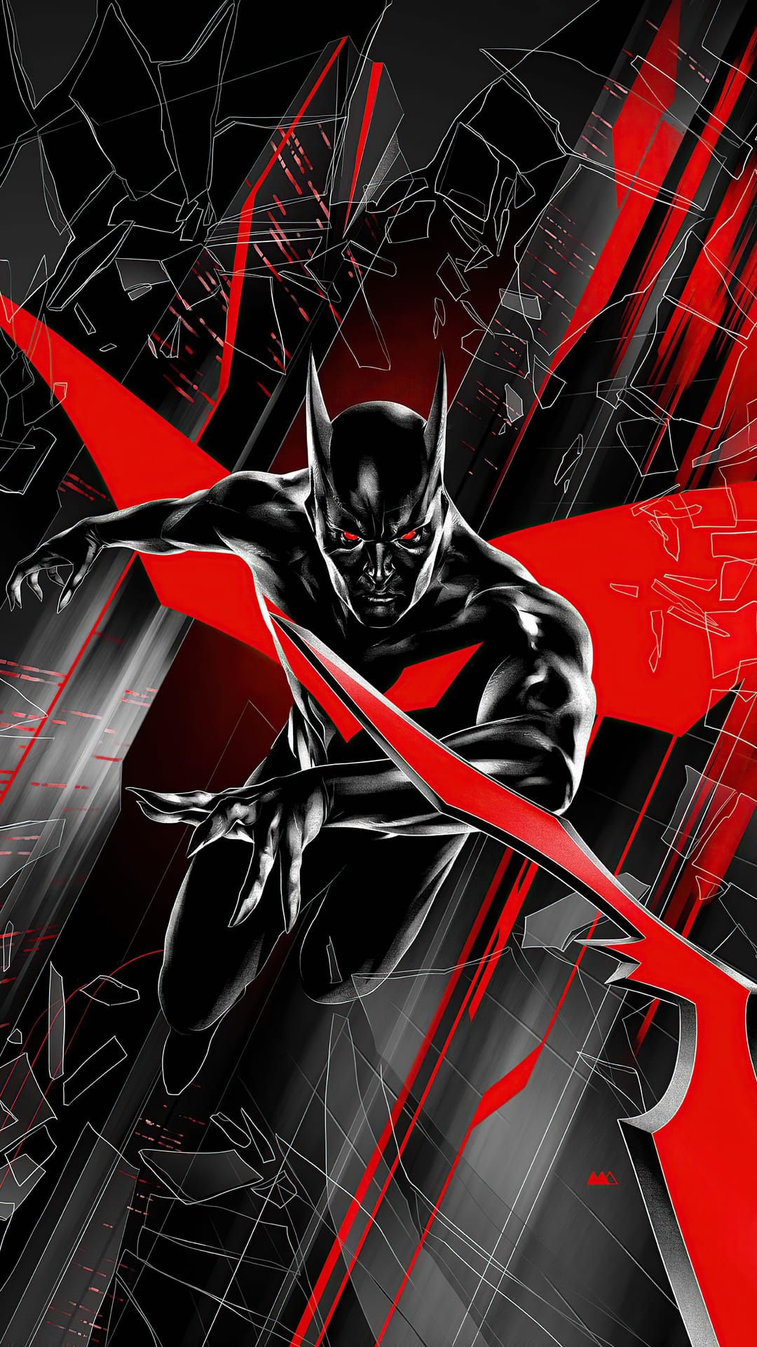 Terry McGinnis in a black and red suit leaps forward through a shattered geometric background with glowing red eyes.