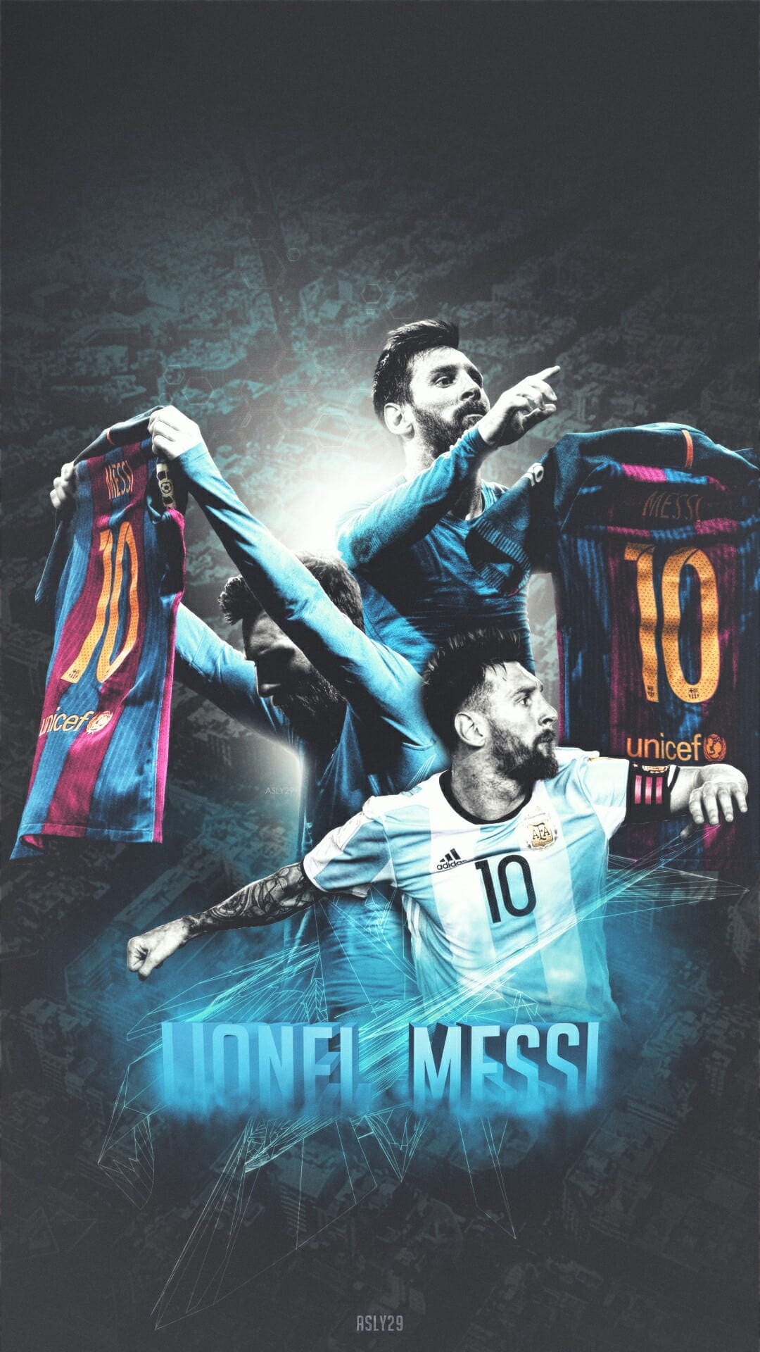 Lionel Messi jerseys featuring Barcelona stripes and Argentina colors with the number 10 on a vertical layout.