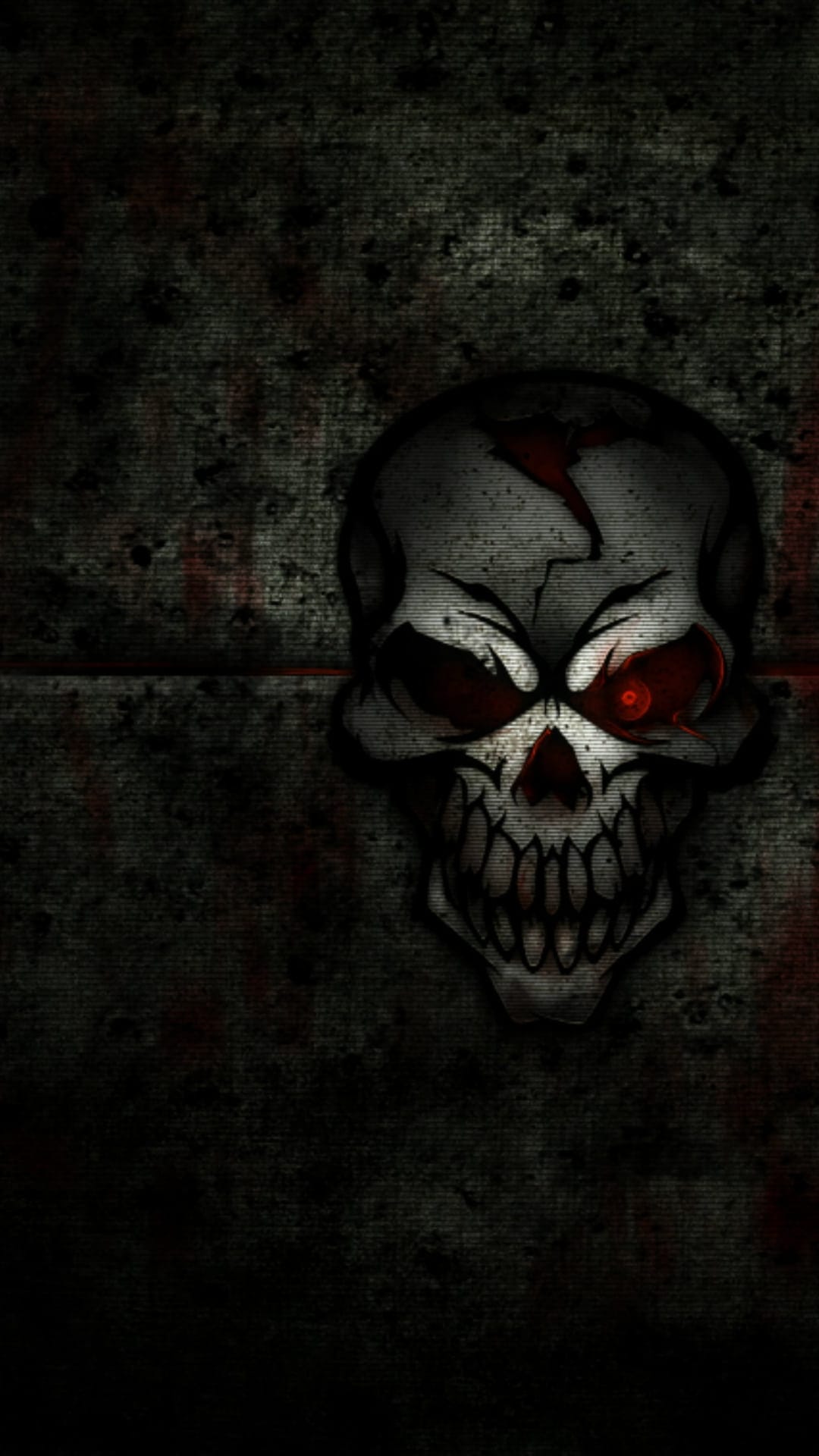 Human skull with glowing red eyes, a cracked forehead, and sharp teeth against a dark gritty background.