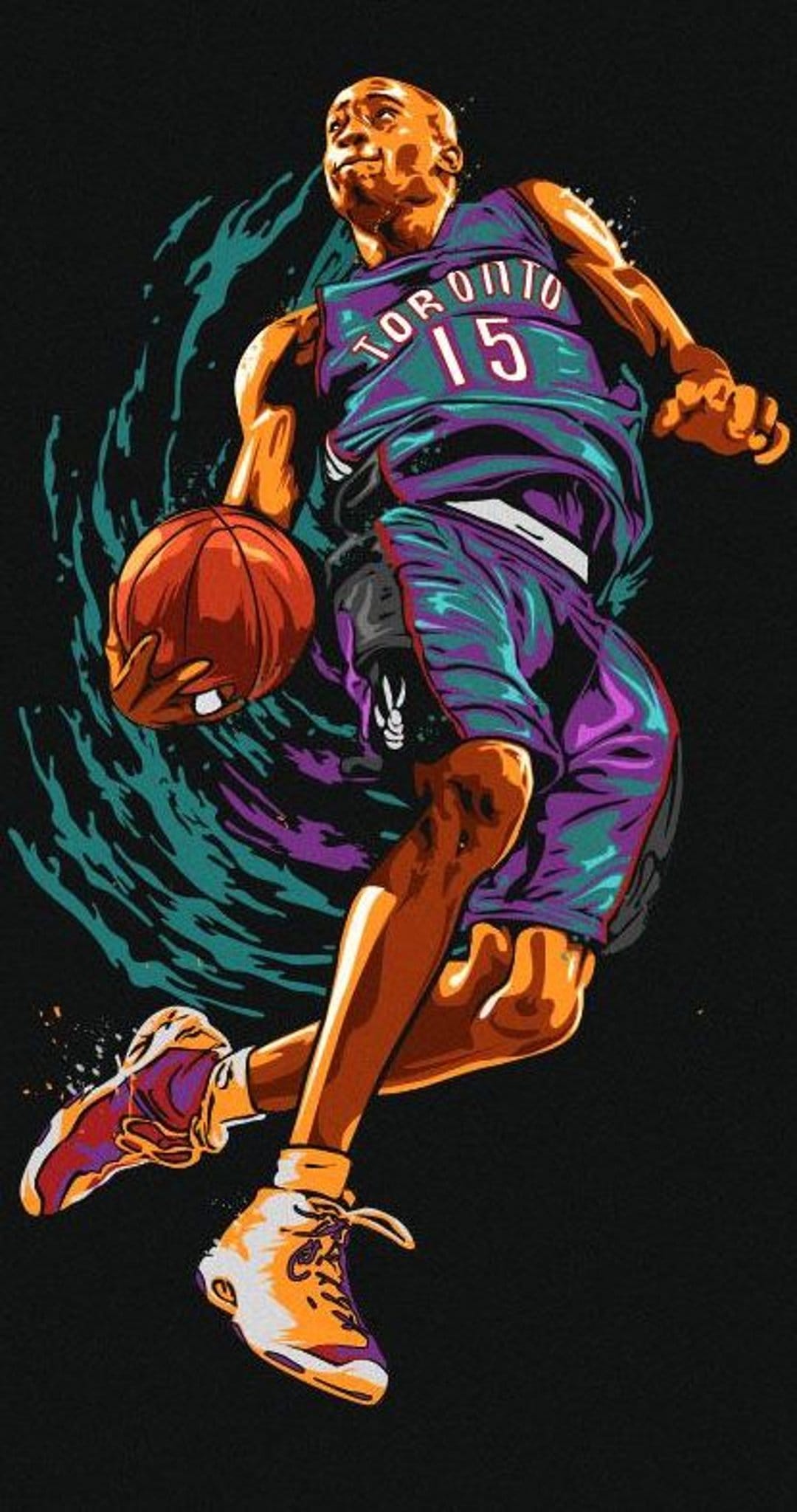 Basketball player in a purple jersey 15 dunks a ball surrounded by vibrant teal and violet paint splashes.