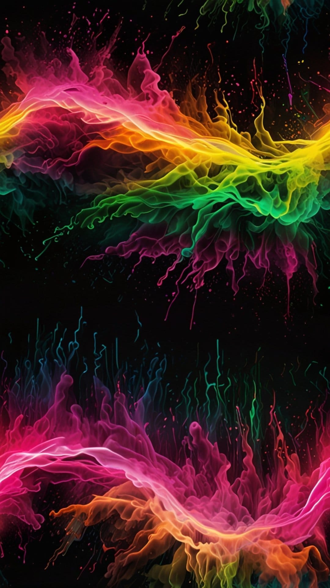 Luminescent pink and blue smoke wisps swirl into a central explosion against a solid black backdrop.