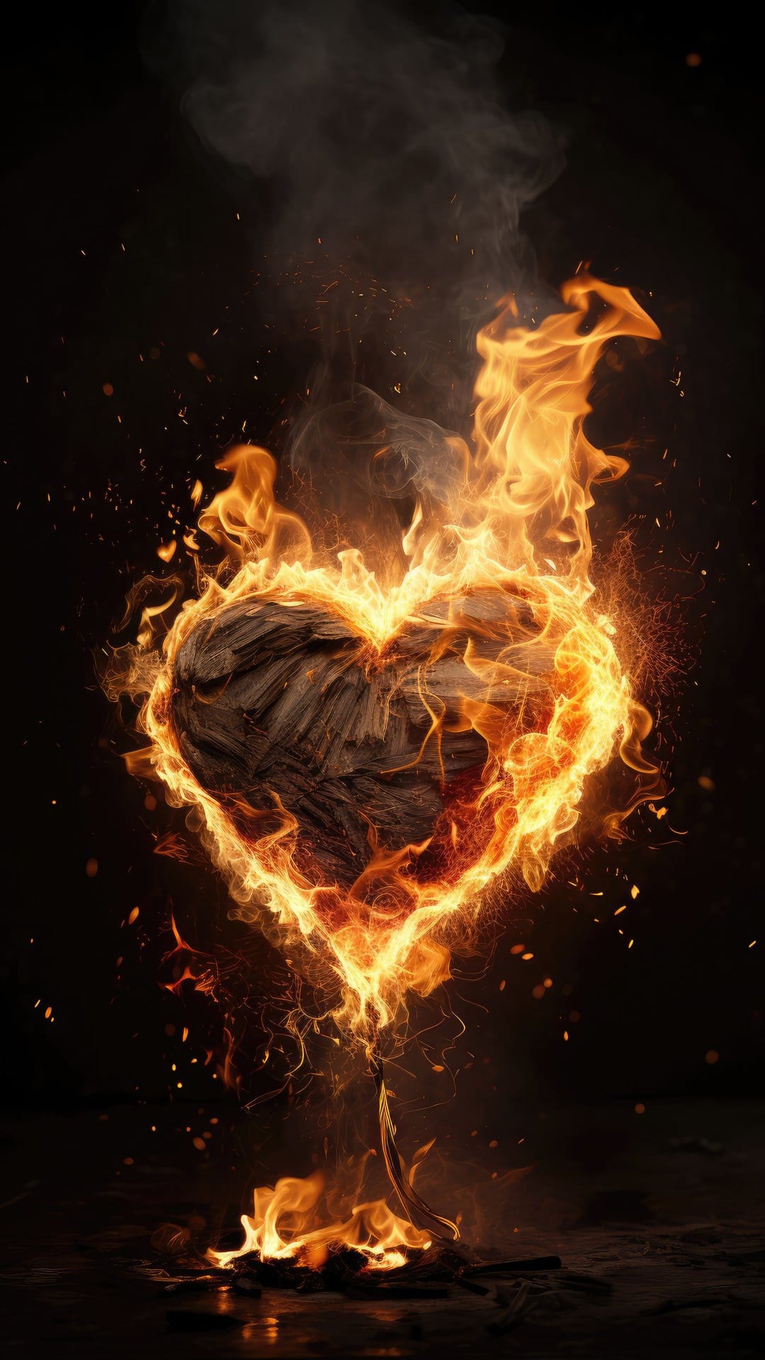Wooden heart burning with orange flames and rising smoke against a dark background with floating orange sparks.