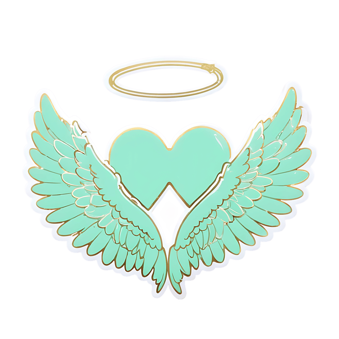 Heart wings halo sticker featuring mint green feathers and a gold outline with a central pink diamond gem.