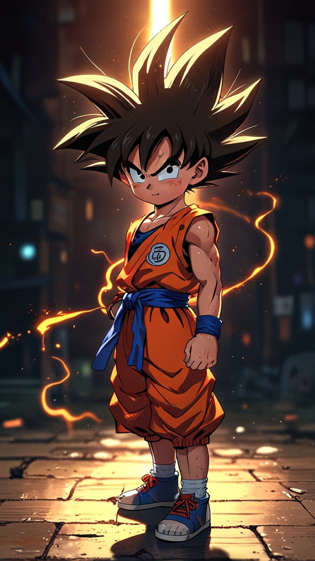 Young Goku in an orange gi stands with clenched fists as a radiant energy aura glows in a city setting.
