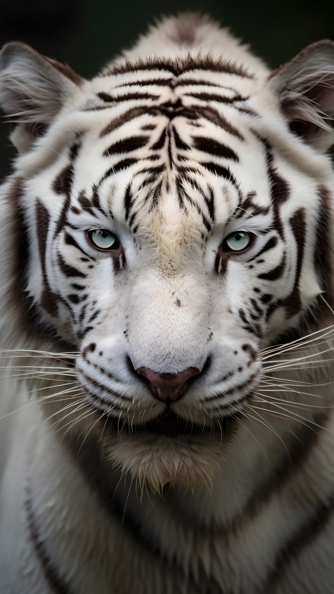 White tiger with bright blue eyes and dark stripes gazes directly forward in a sharp close-up portrait.