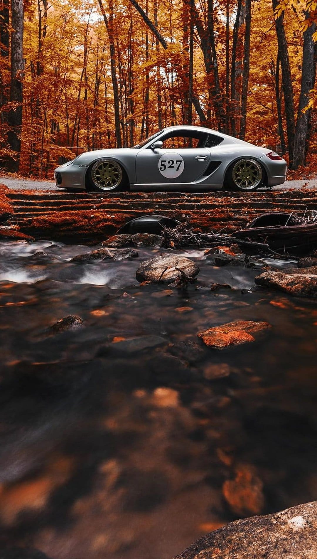 Silver Porsche Cayman S with racing number 527 on a wooden bank next to a stream and orange autumn forest trees.