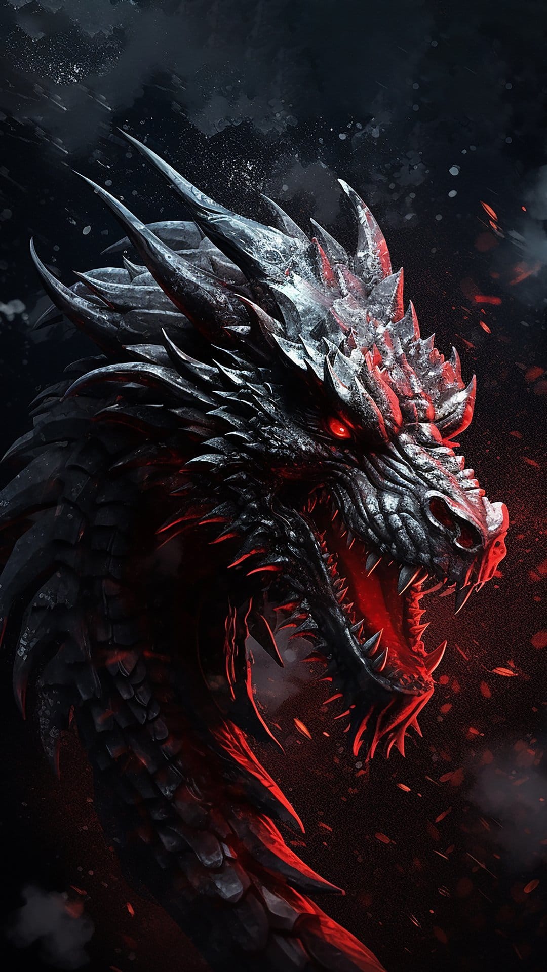 Black dragon head with glowing red eyes and sharp fangs surrounded by dark smoke and glowing orange embers.