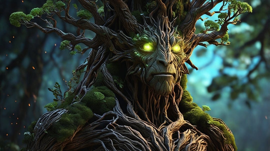 Tree creature with glowing green eyes and mossy bark stands in a misty forest with floating light particles.