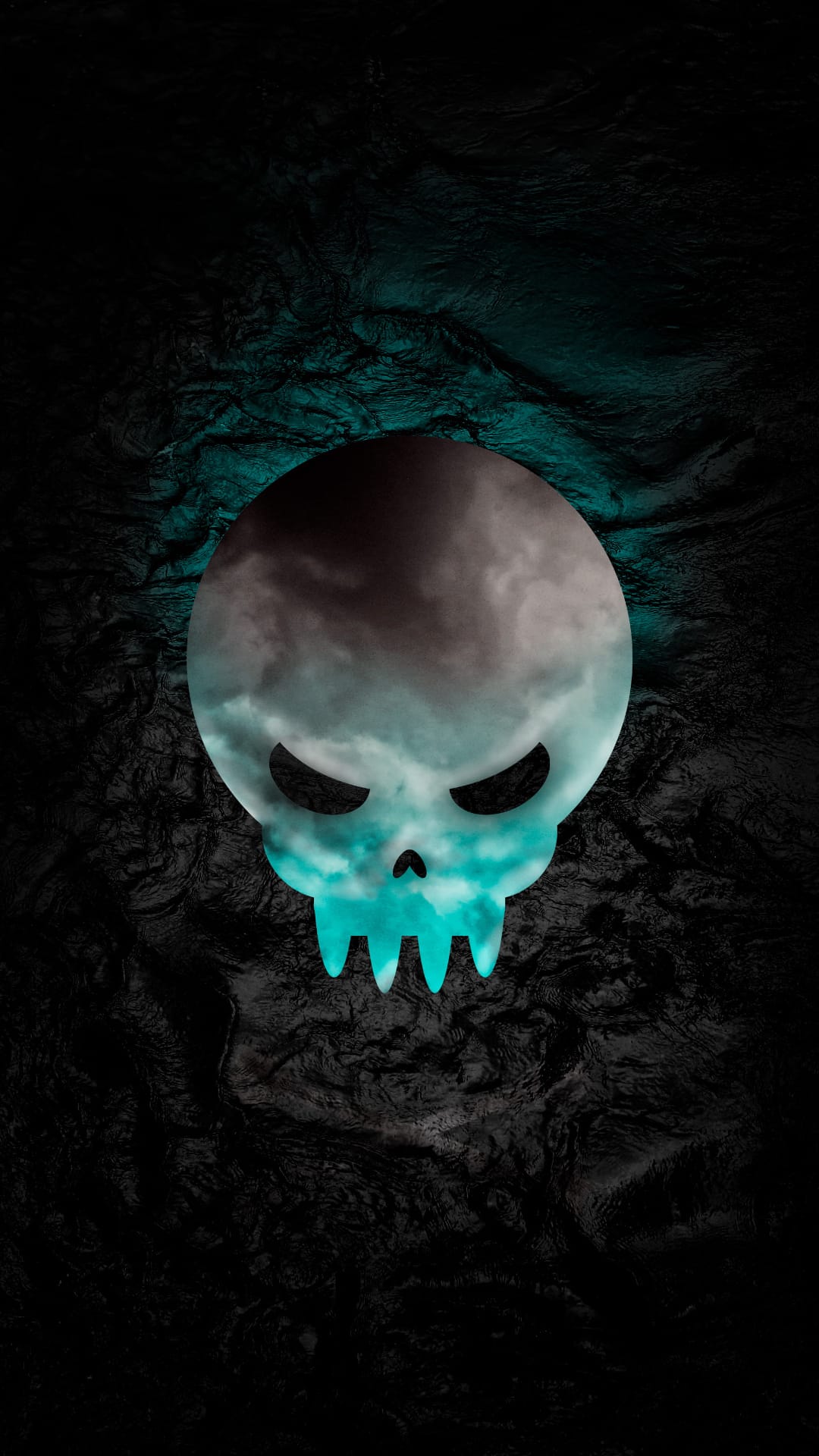 Skull silhouette containing dark storm clouds with turquoise glowing facial features on a black textured backdrop.