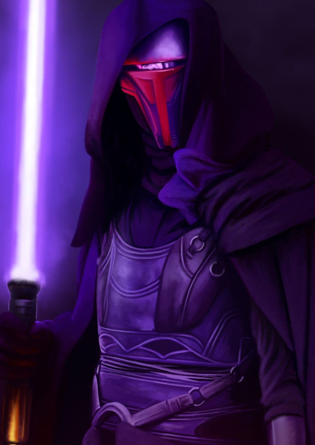 Darth Revan wearing a red mask and dark hood holds a glowing purple lightsaber in a dark, atmospheric setting.