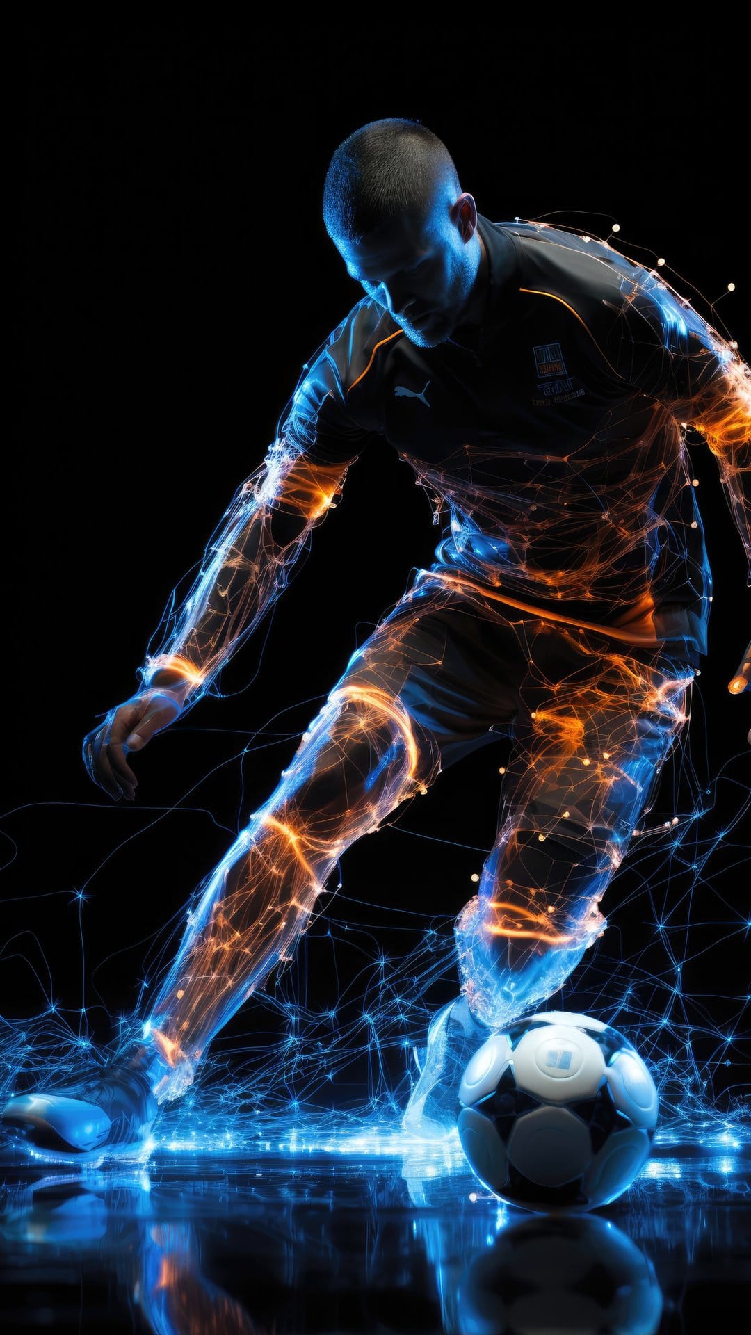 Soccer player in a luminous stance surrounded by orange and blue digital sparks and glowing energy filaments.