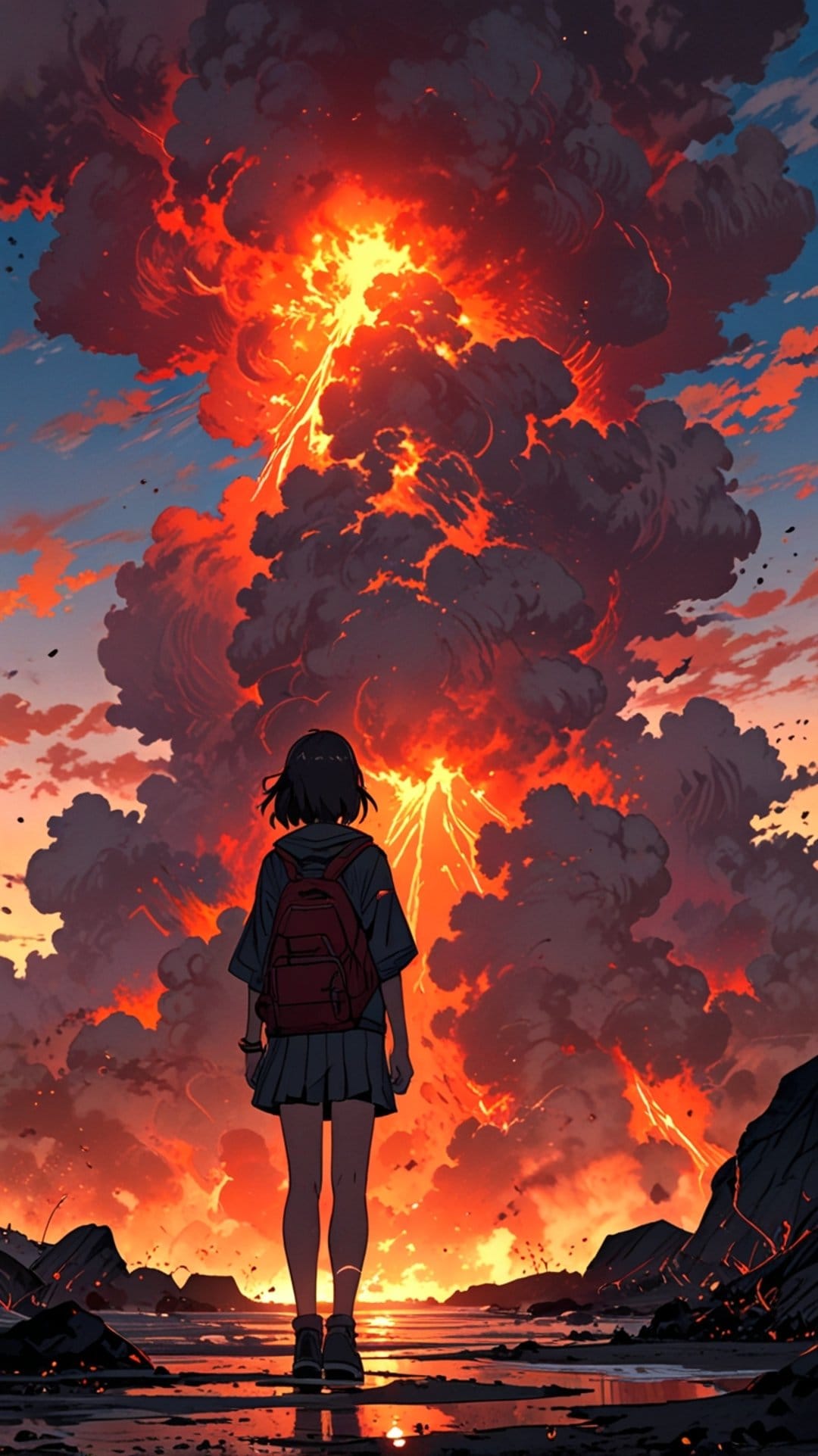 Anime girl with a backpack stands on a rocky coast watching a massive volcanic eruption with lightning and red clouds
