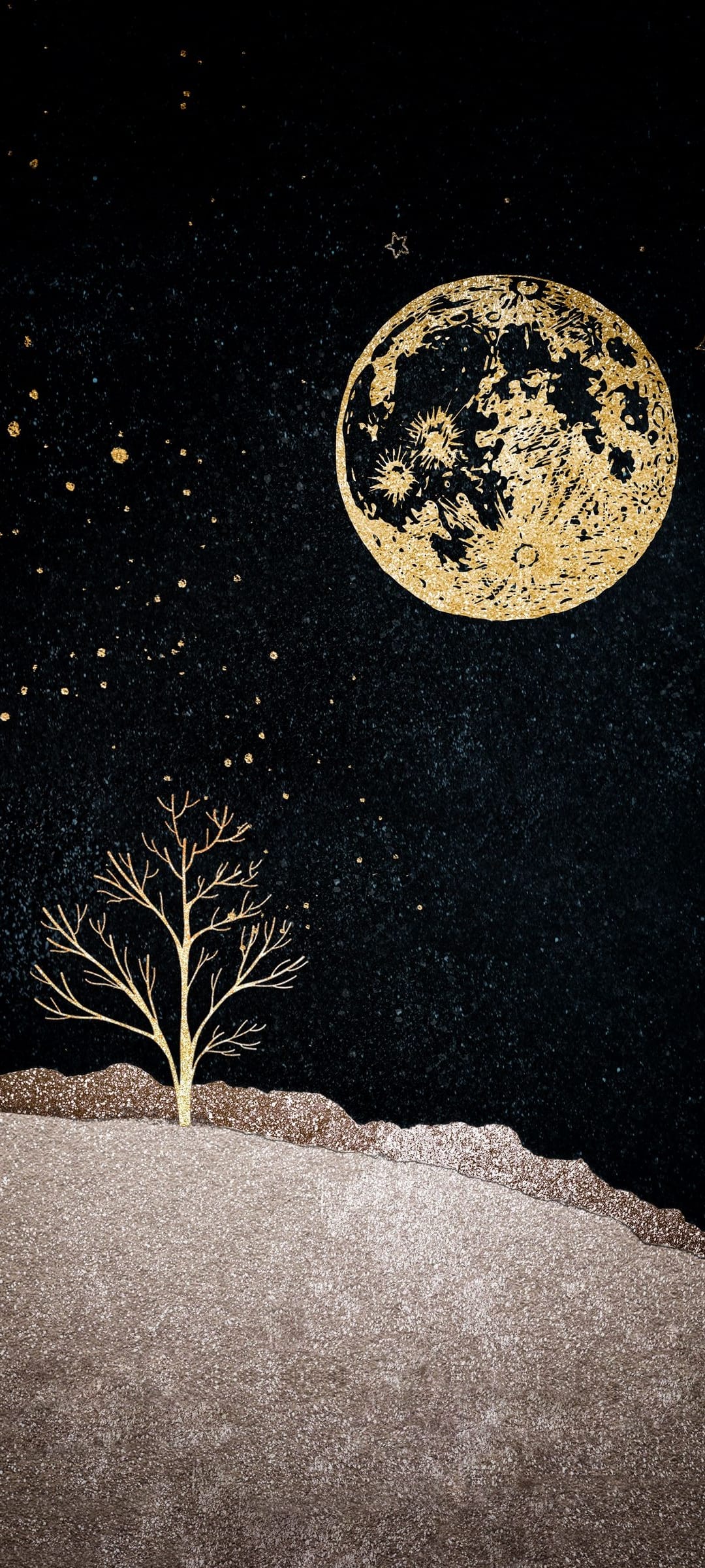 Golden moon hangs over a silhouetted tree and sparkling landscape against a dark starry sky on a mobile screen.