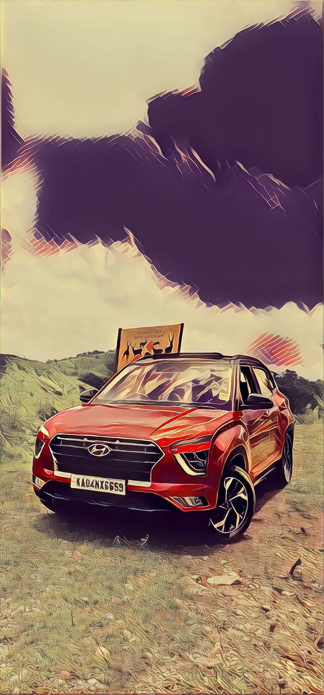 Red Hyundai Creta SUV on rocky terrain with a deer sign, green hills, and a dramatic purple sky in the distance.
