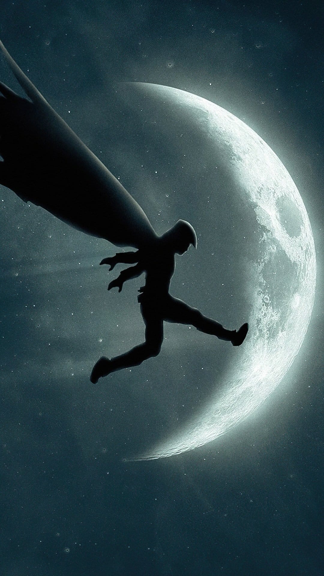 Moon Knight silhouette leaps against a giant textured full moon amidst dark clouds and stars in the night.