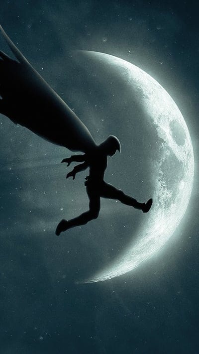 Moon Knight, Marvel Comics, Superhero, Lunar, Silhouette, Comic Art, Full Moon, Dynamic Pose, Night Sky, Digital Art, Character Design, Vigilante, Celestial Body, Cape, Dark Aesthetic, Enigmatic Hero, Mysterious, Atmospheric, Iconic Character, Action Shot