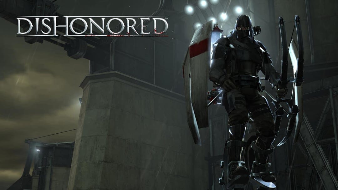 Tallboy guard on stilts in a dark industrial city with spotlights and rain in a Dishonored game scene.
