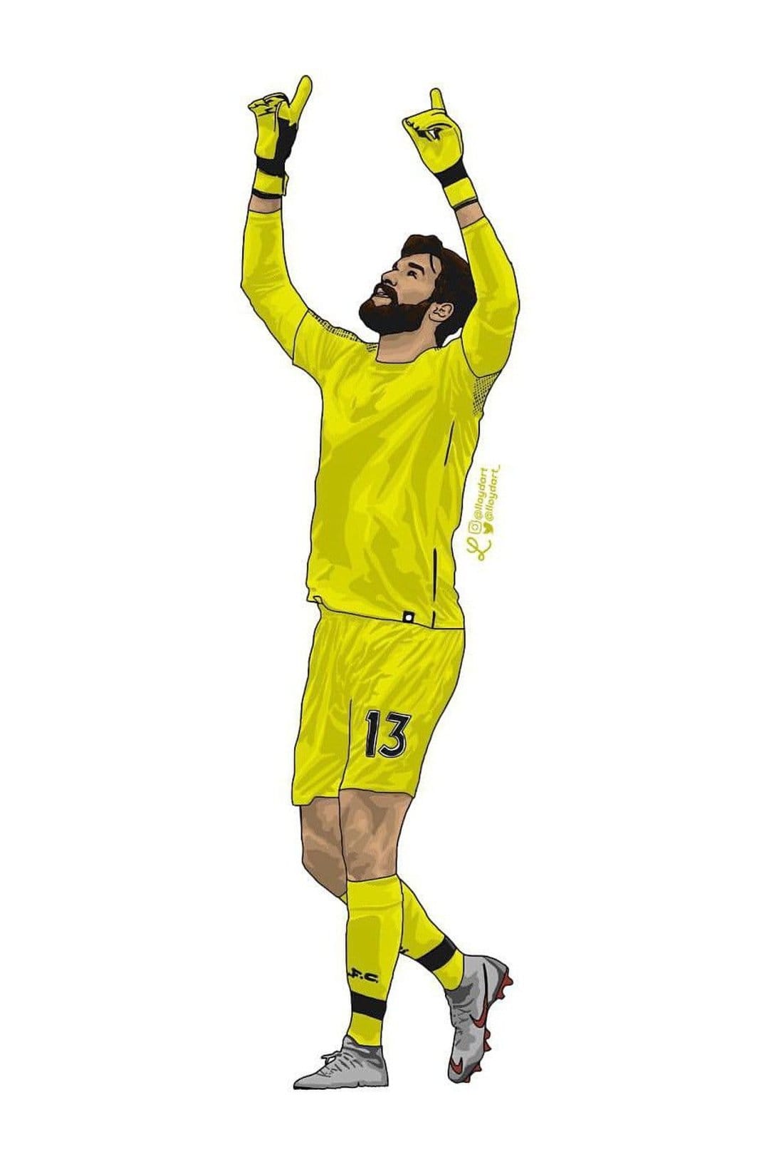 Alisson Becker raises both arms and points upward in a yellow Liverpool kit featuring the number thirteen.