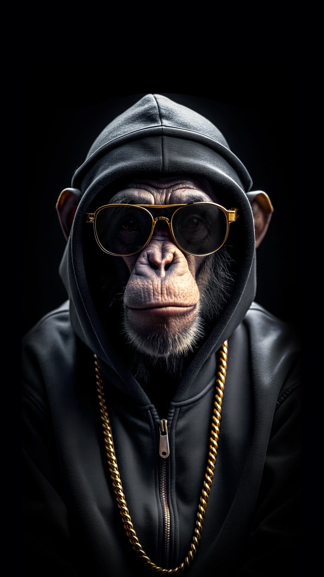 Chimpanzee wearing gold-rimmed sunglasses, a heavy gold chain, and a dark hoodie against a shadowy background.