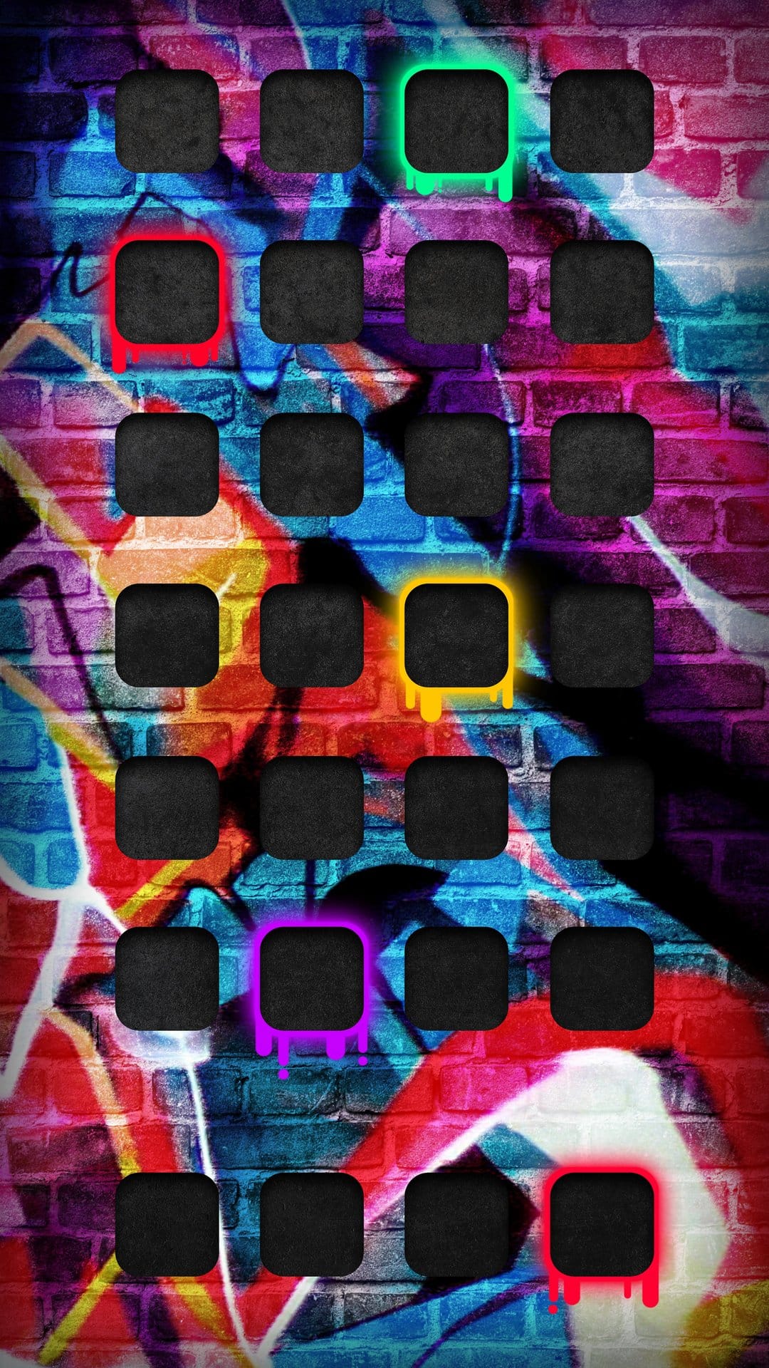 Graffiti-covered brick wall with a grid of black app icons highlighted by neon red and purple glowing outlines.