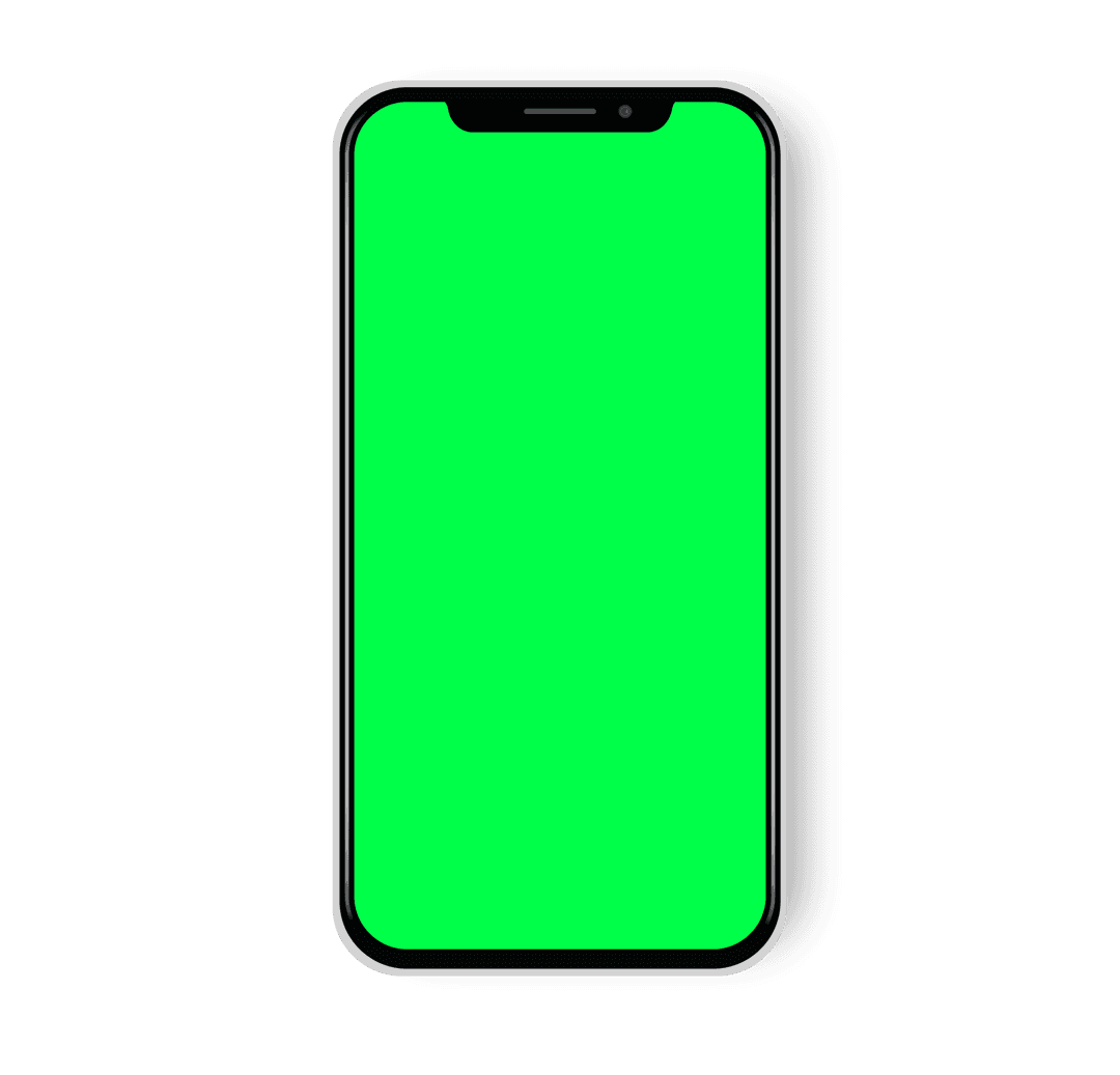 iPhone chroma key screen PNG featuring a matte metallic frame with a centered notch over a green display area.