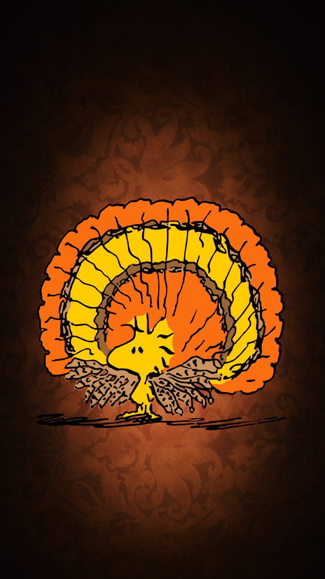 Woodstock wearing a turkey costume with vibrant orange tail feathers on a dark textured autumn backdrop.