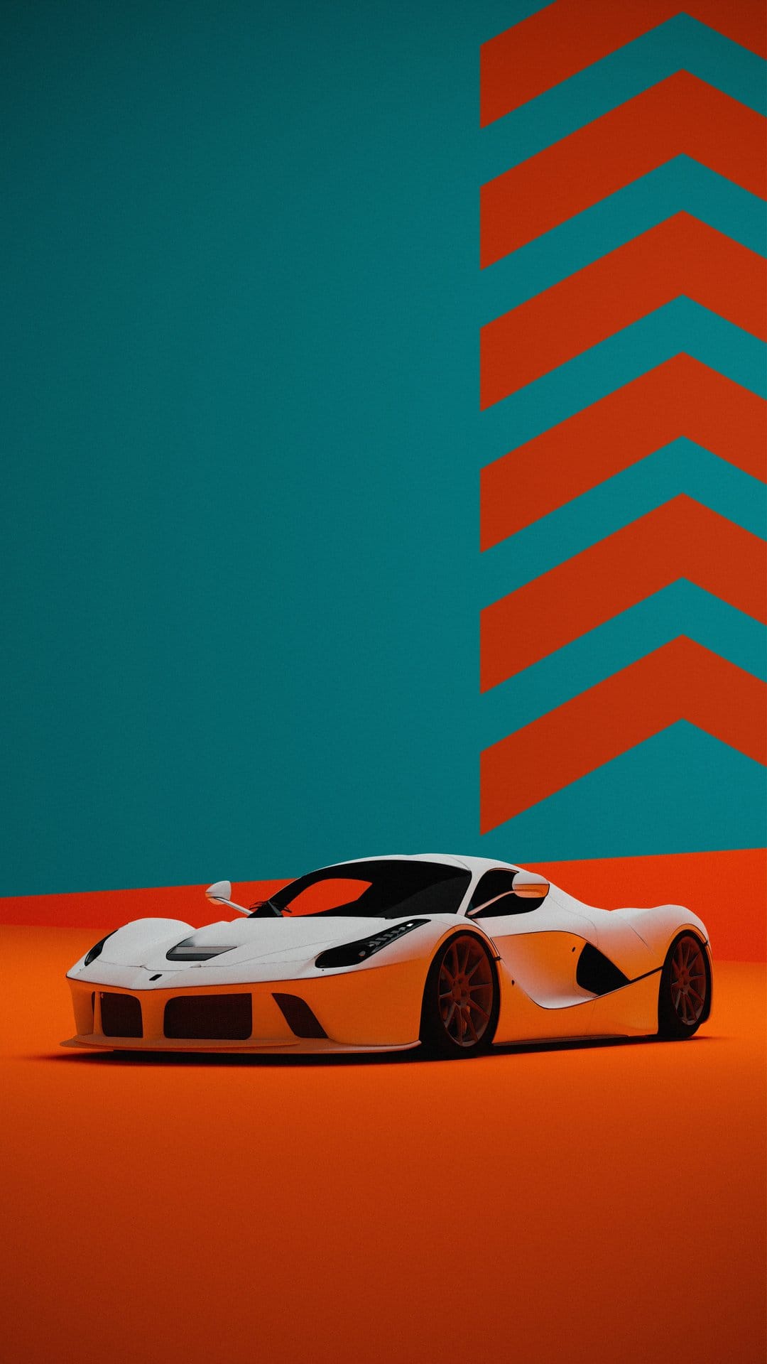 White Ferrari supercar on an orange floor against a teal backdrop with geometric chevrons in portrait orientation.
