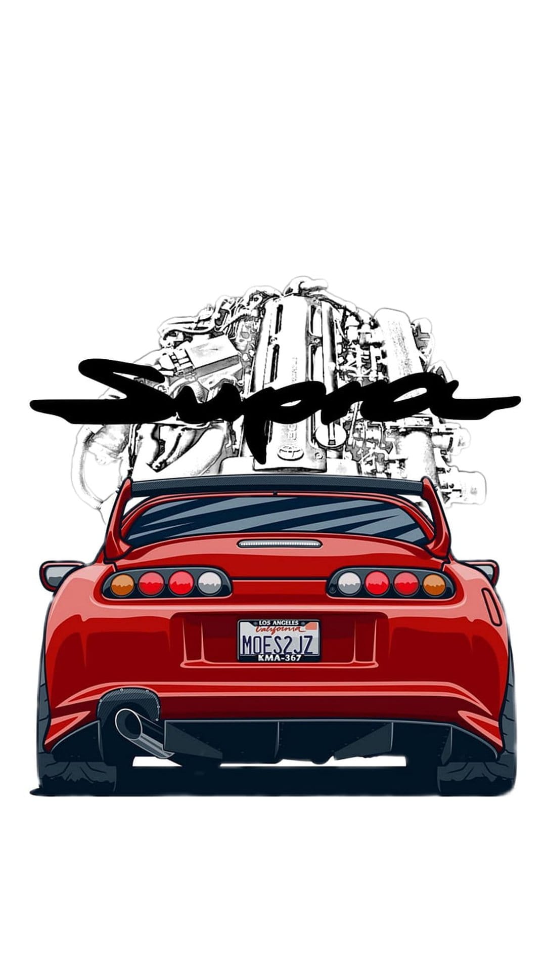 Red Toyota Supra rear with a custom license plate and spoiler positioned before a black and white car engine.