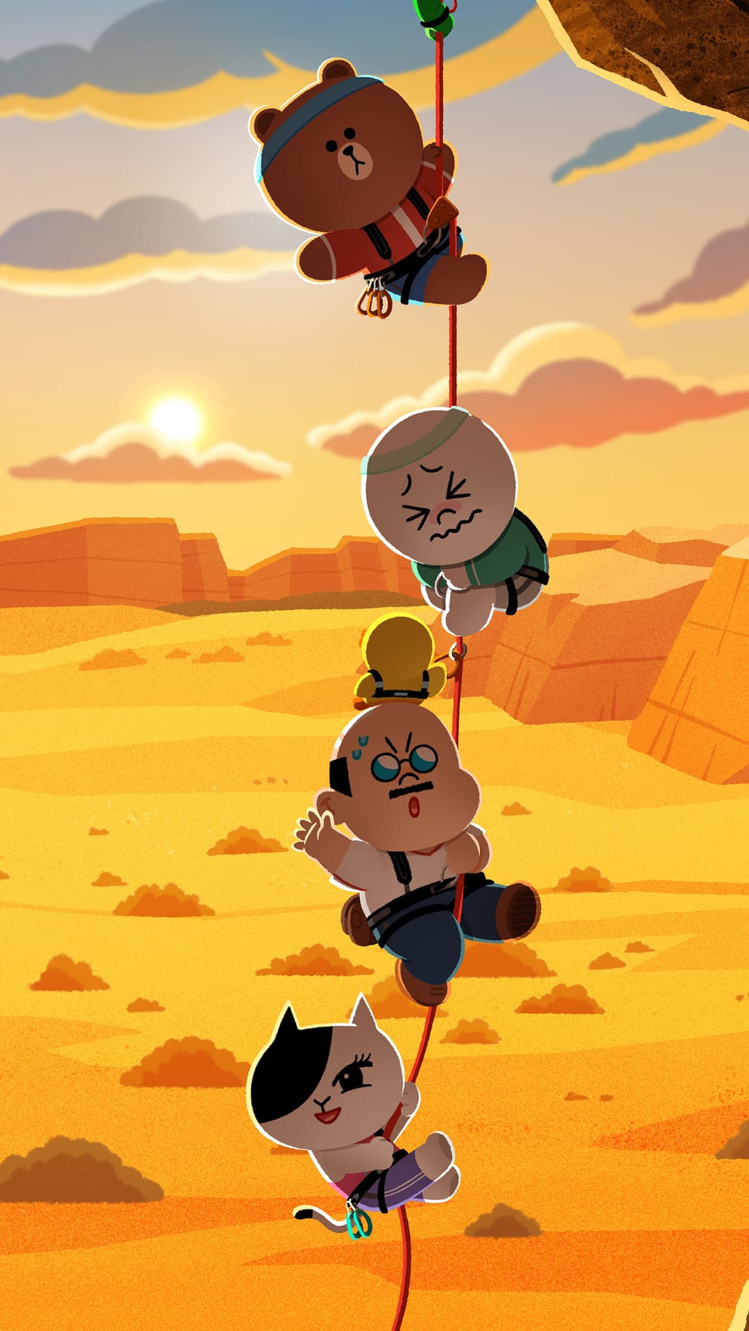 Brown bear and Cony lead a group of friends climbing a steep desert cliff during a golden mountain sunset.