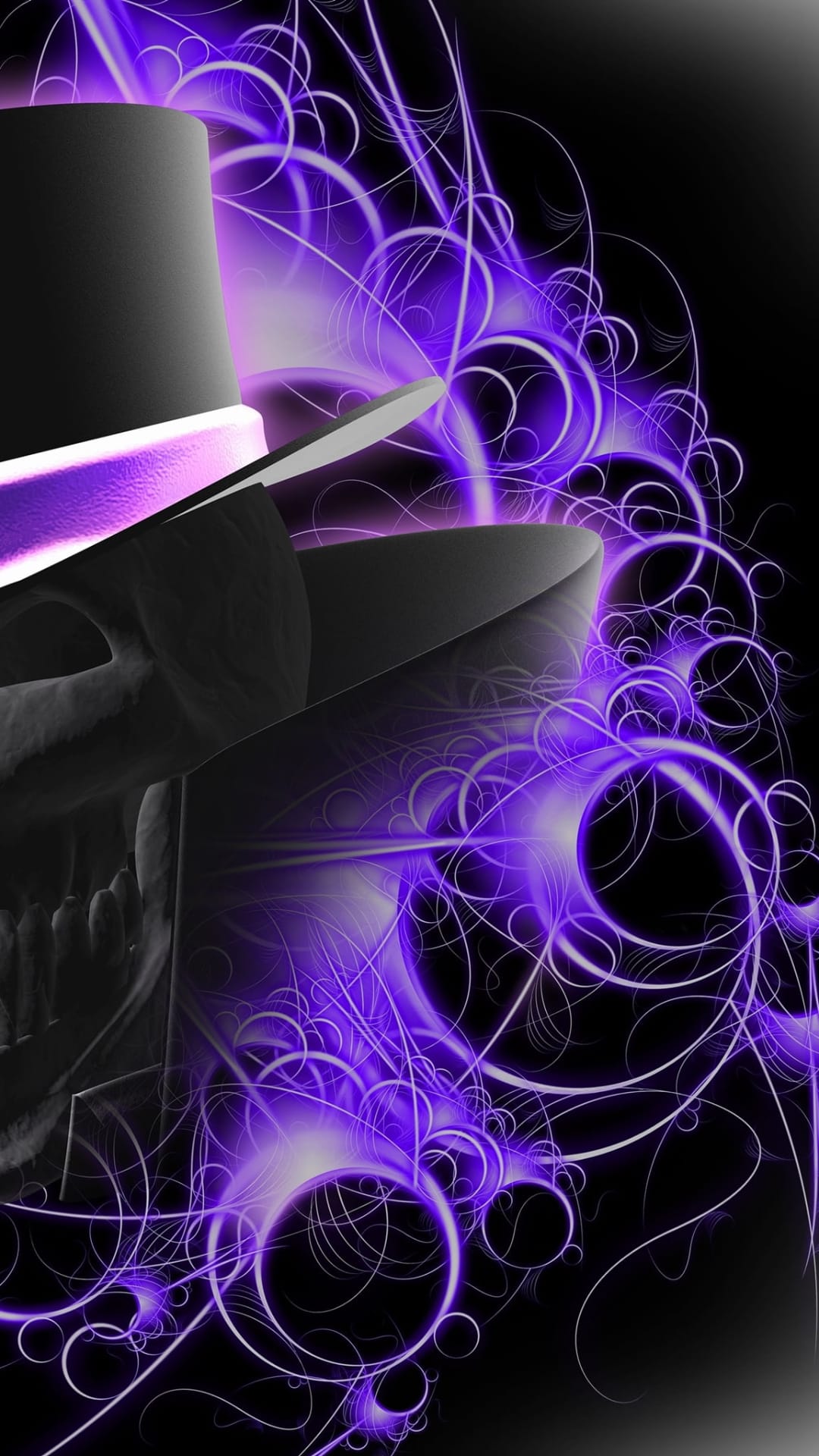 Skull wearing a black top hat surrounded by glowing purple swirls and abstract neon lines against a dark backdrop.