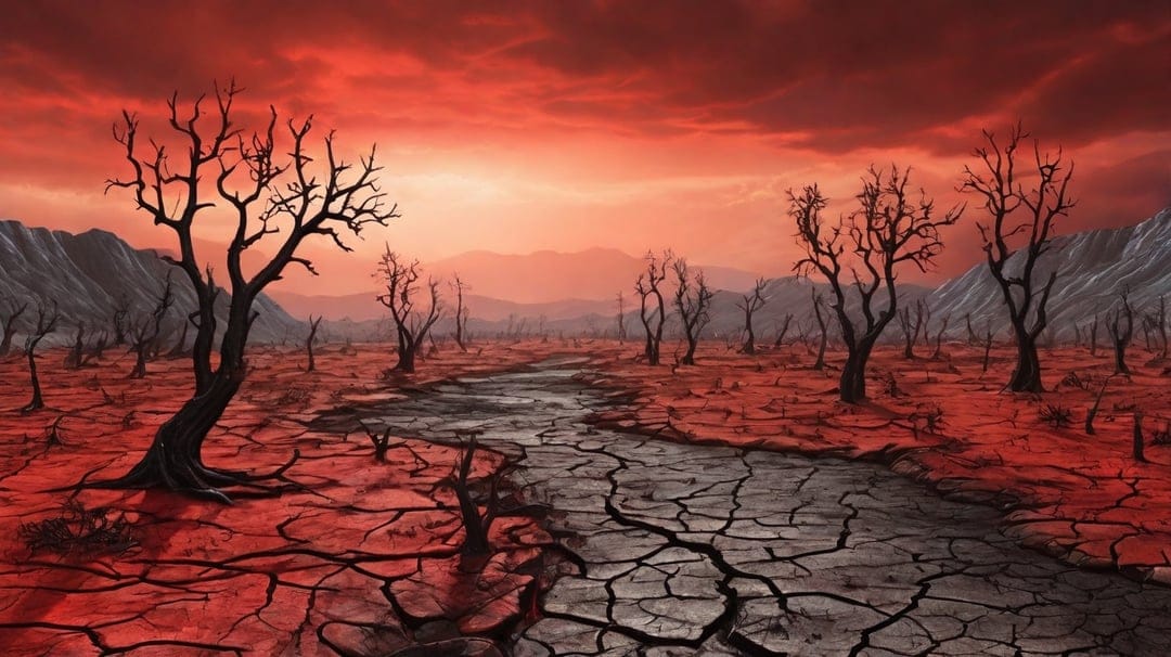 Skeletal dead trees rise from parched cracked soil under a deep red apocalyptic sky with hazy distant mountains.