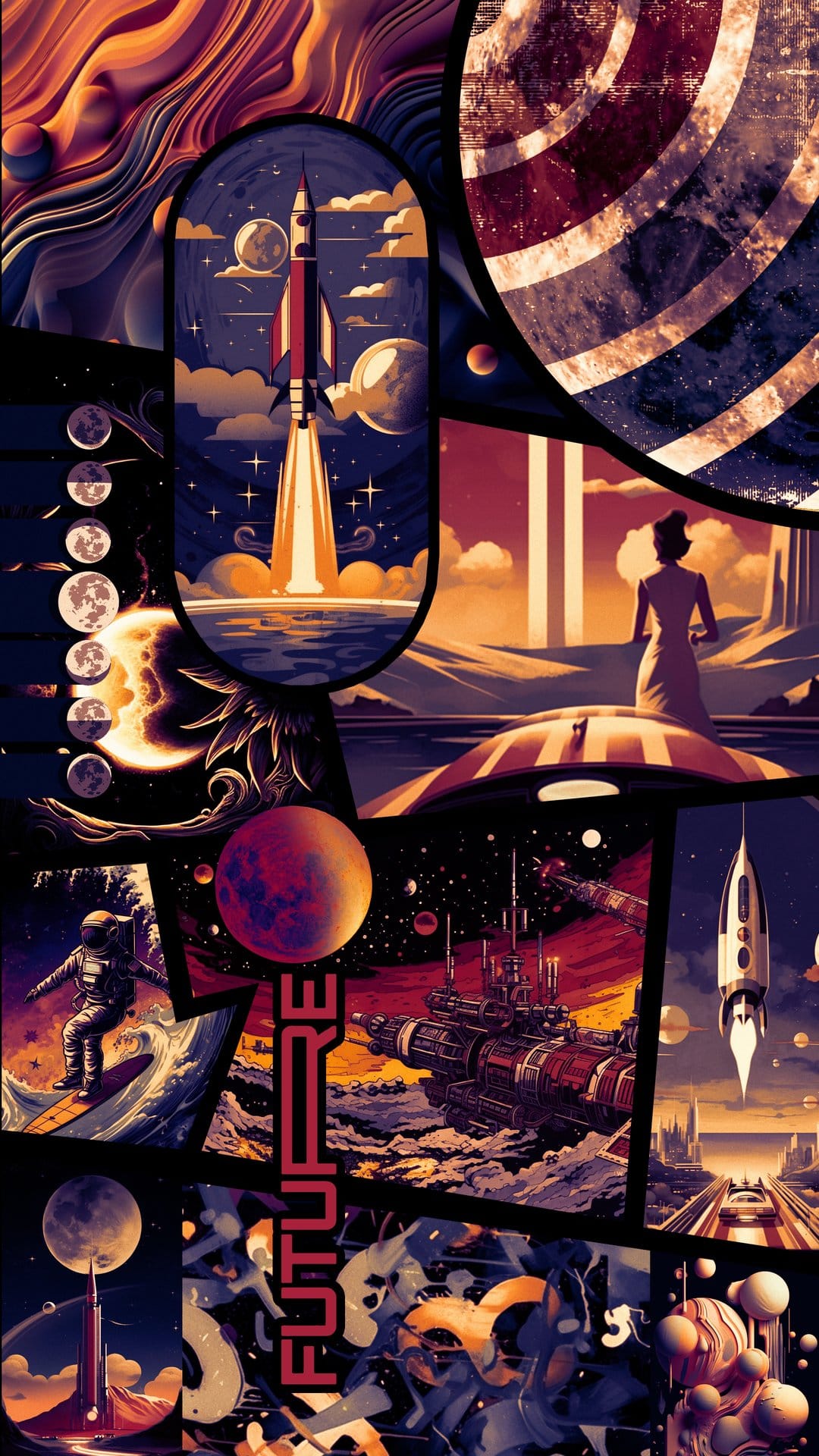 Rockets ascend toward Saturn-like planets while an astronaut surfs a glowing wave in a cosmic collage background.