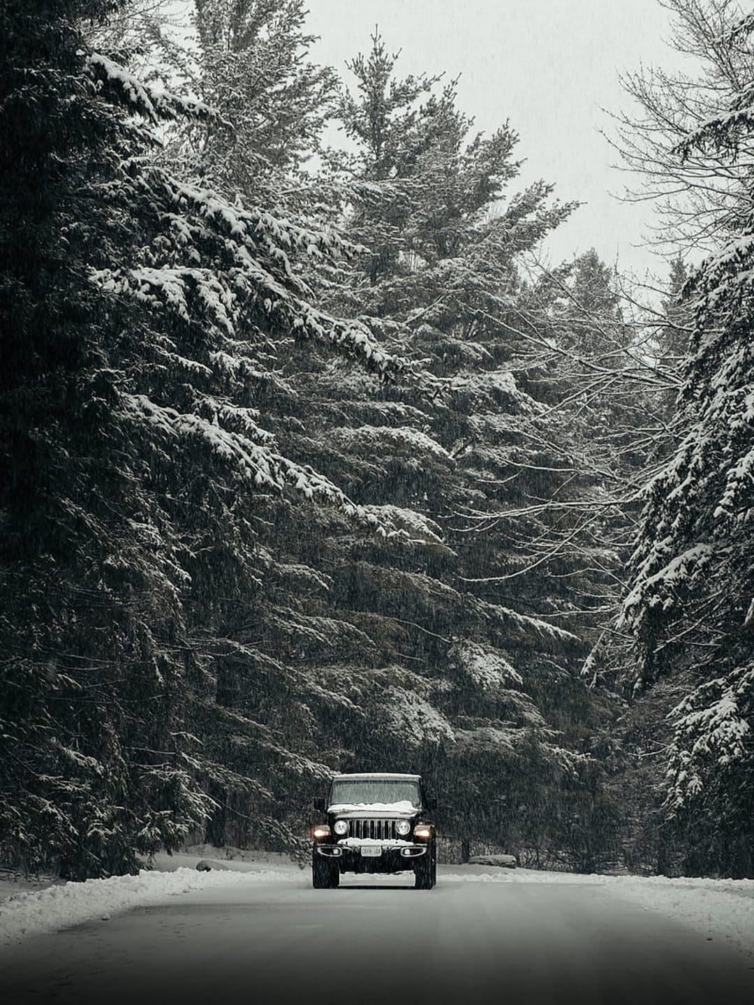 Dark Jeep SUV with glowing headlights driving on a snow-covered forest road between tall evergreen trees.