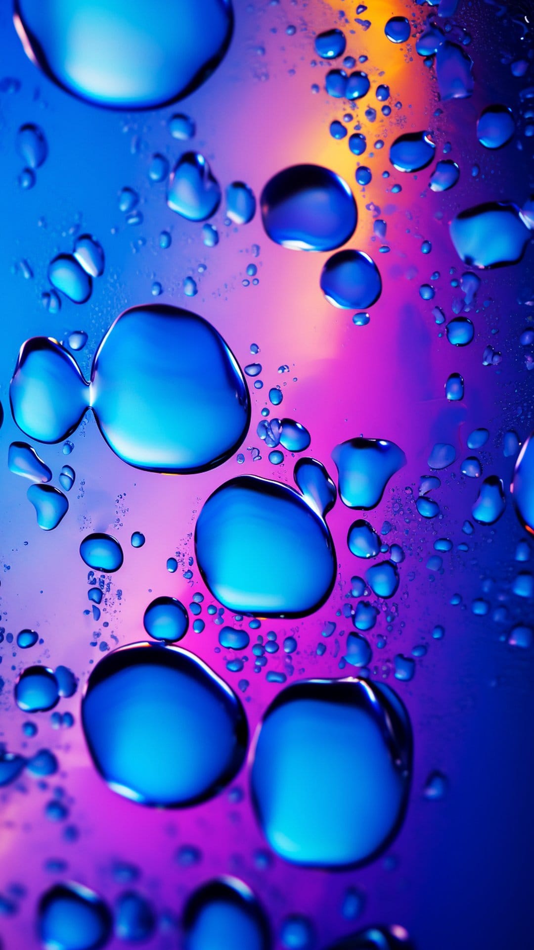 Spherical water droplets resting on a vibrant blue and magenta gradient with sharp refractive light details.