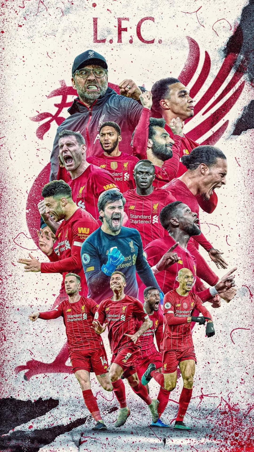 Jurgen Klopp and Liverpool players like Salah and Van Dijk pose in a dynamic red soccer collage wallpaper.