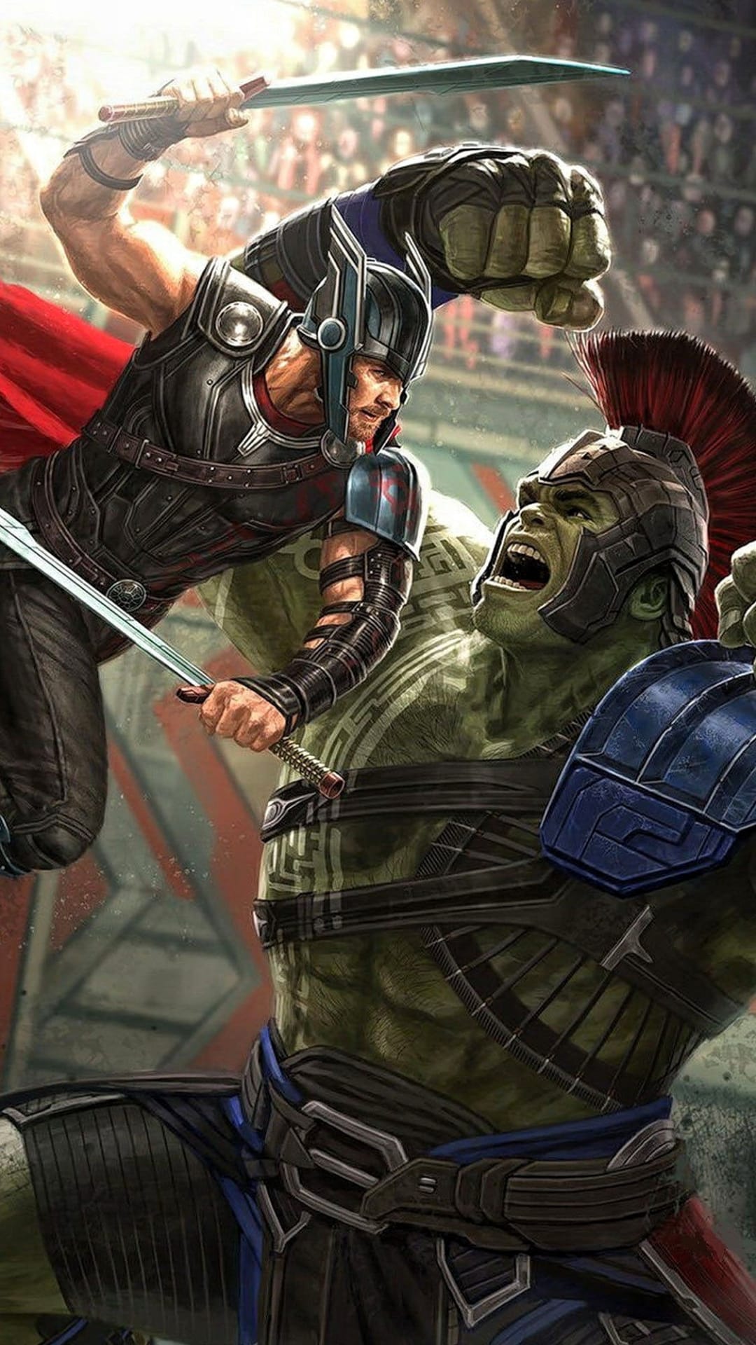 Thor in gladiator armor swings a sword at the Hulk inside a crowded, sunlit stone arena during a combat match.
