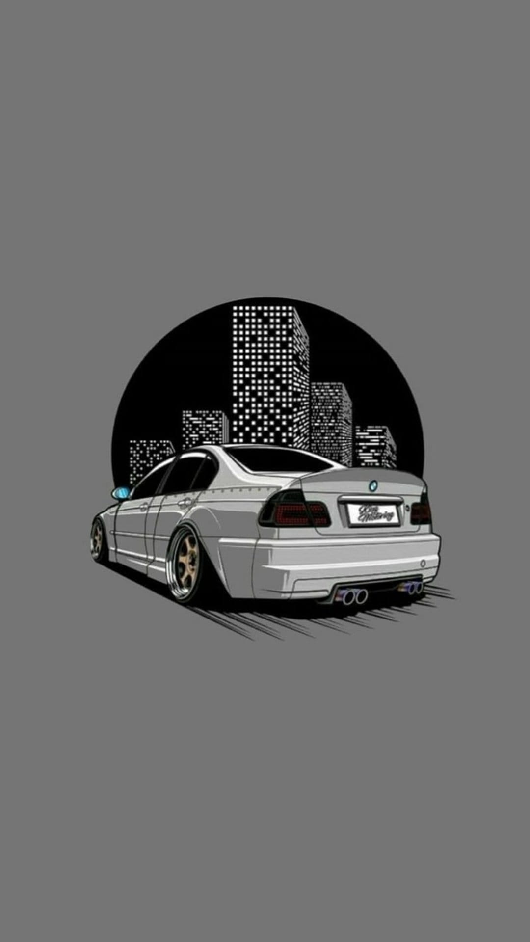 Silver BMW sedan with custom wheels and dark taillights parked before a black circular city skyline silhouette.