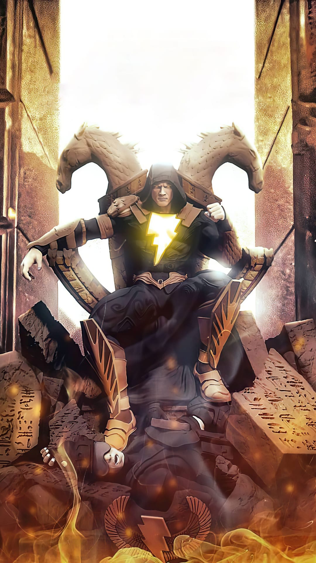 Black Adam sits on a stone throne with ram carvings and glowing hieroglyphs amidst rising orange flames.