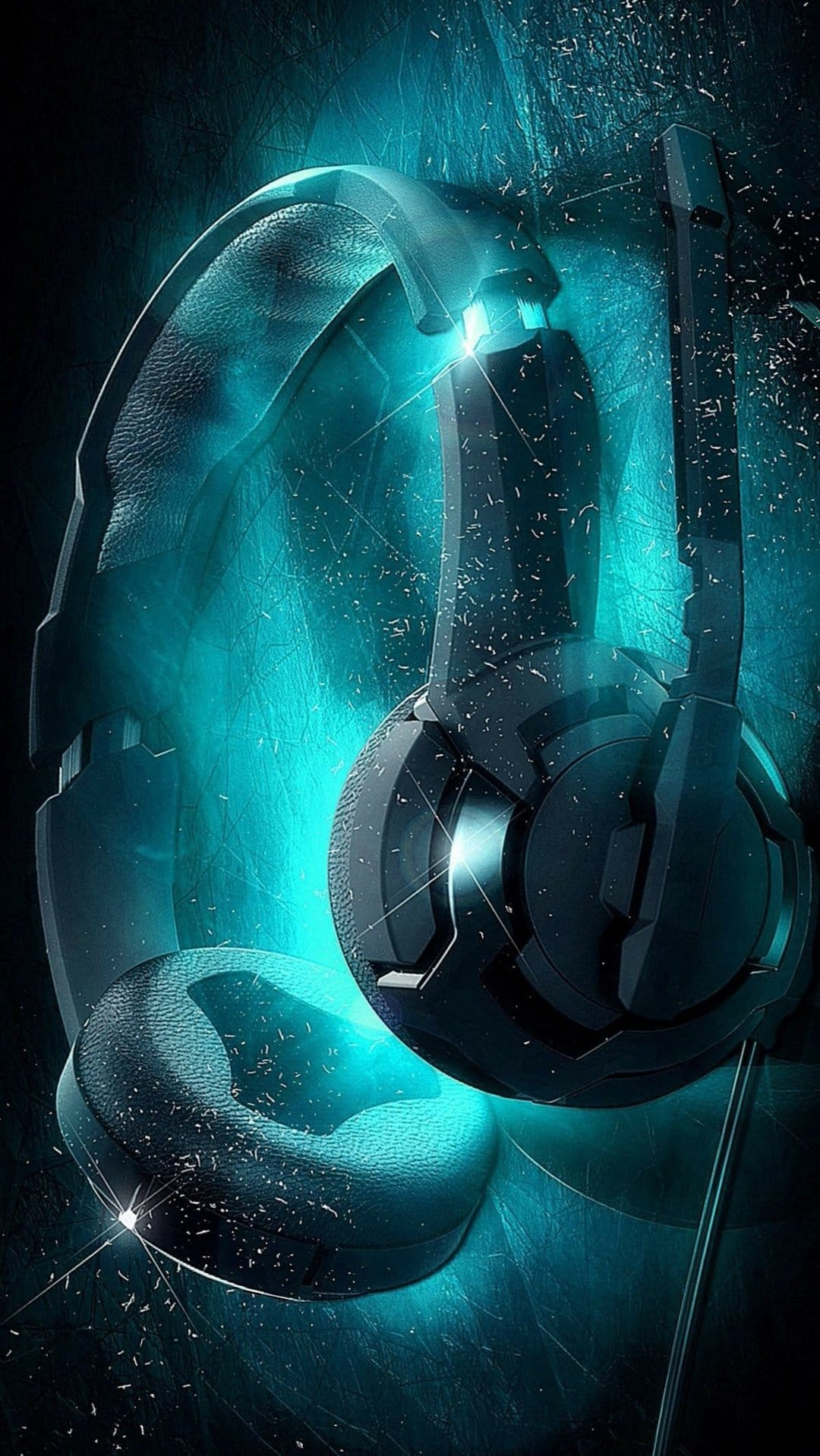 Futuristic headphones with glowing neon blue accents and a scratched metallic texture against a dark background.