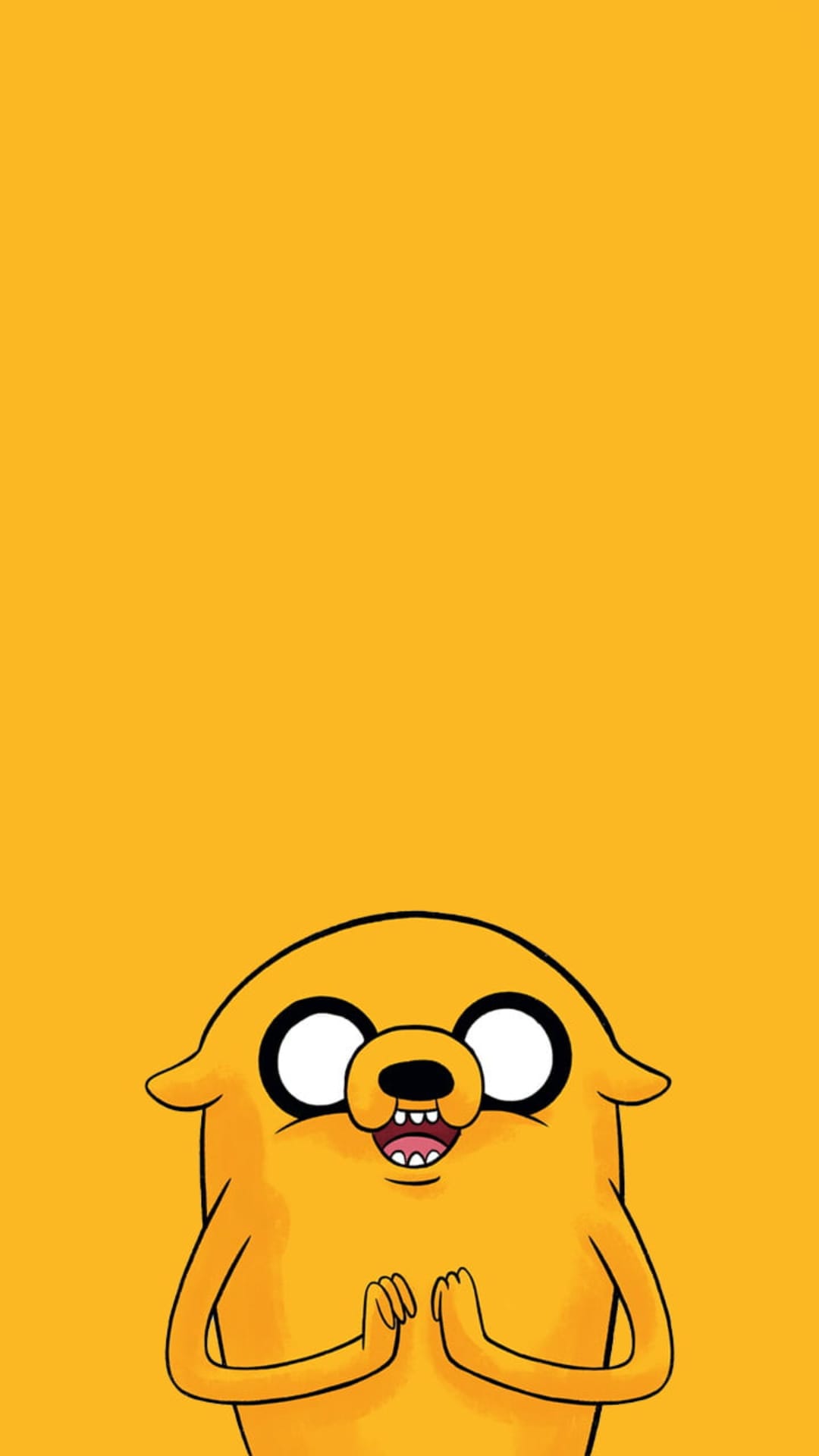 Jake the Dog with wide eyes and a happy expression centered on a solid, bright orange portrait background.