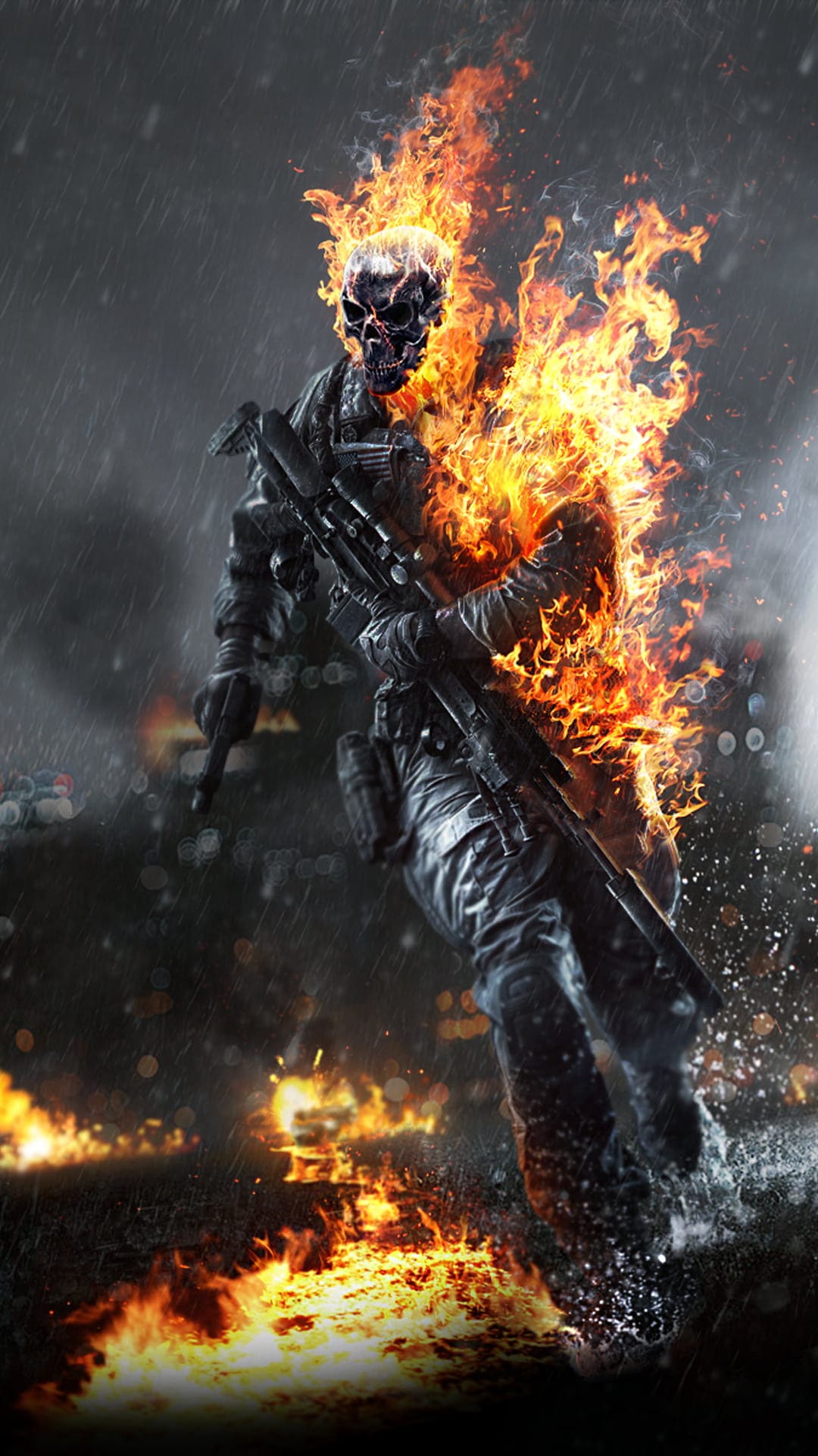 Skeletal soldier with a flaming skull holds a sniper rifle while running through rain on a dark city street.