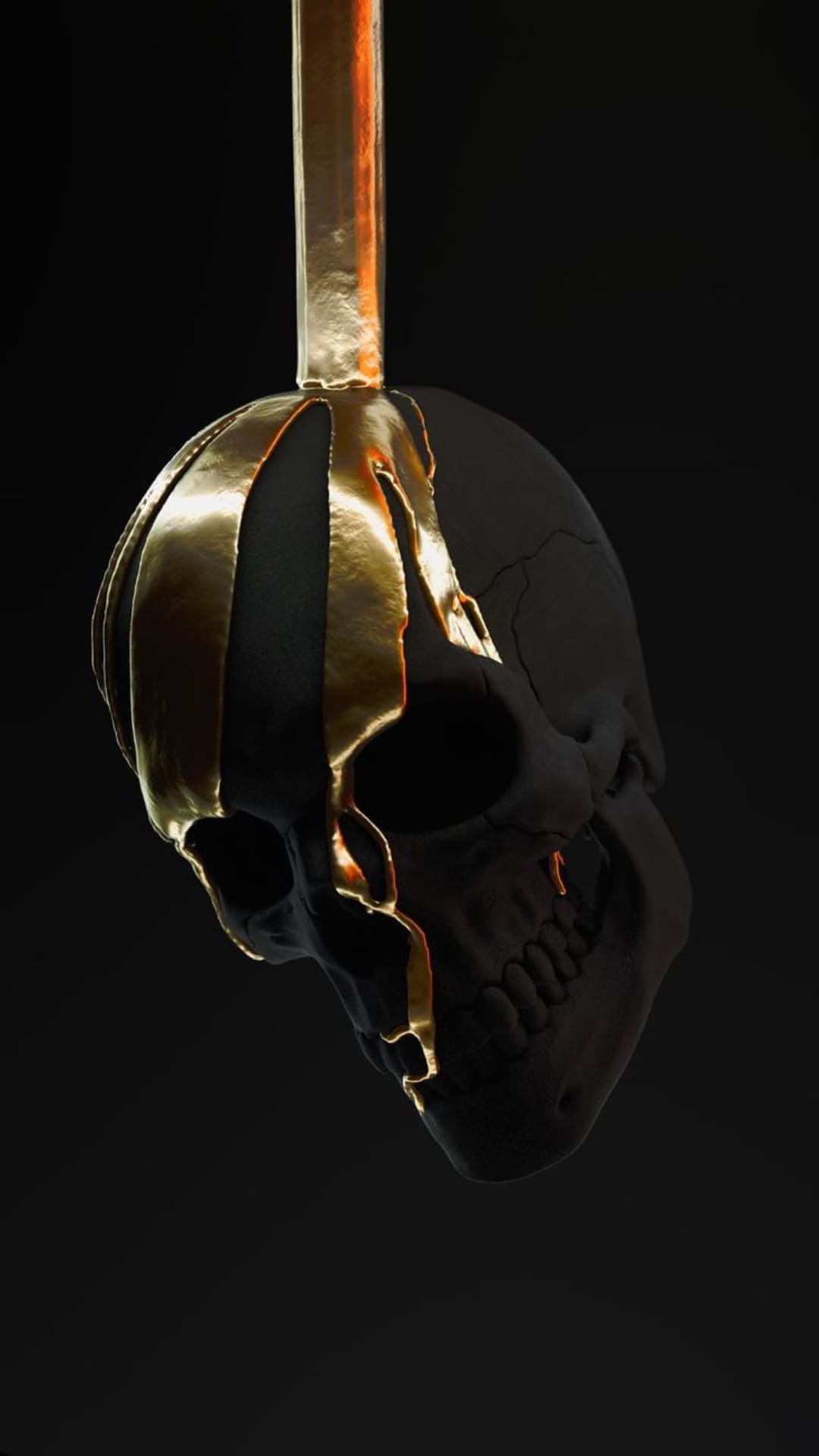 Black skull with viscous liquid gold dripping from the eye sockets and jawline against a solid dark background.