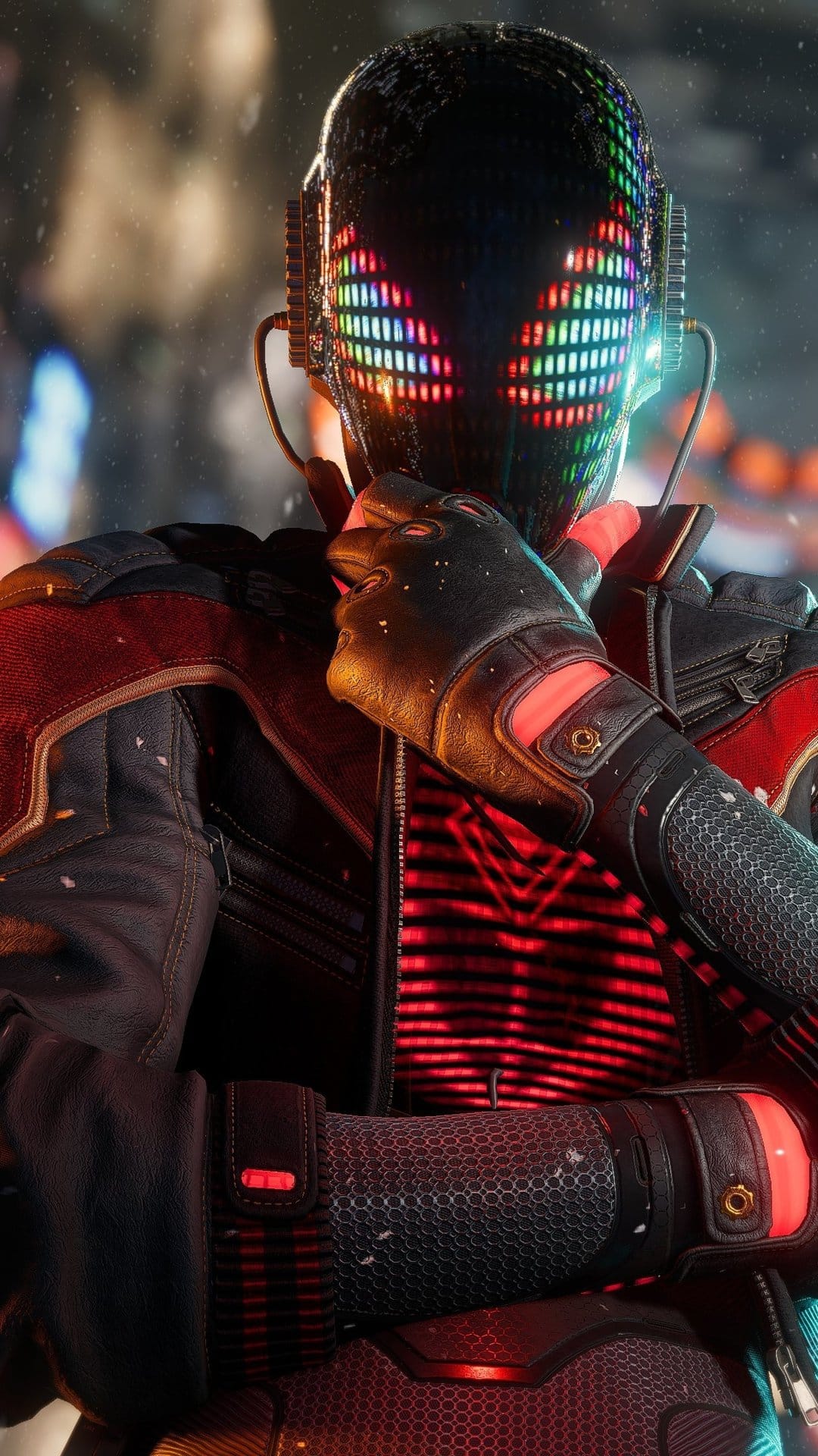 Miles Morales in a cybernetic Spider-Man suit with a glowing pixelated mask against a blurred city background.