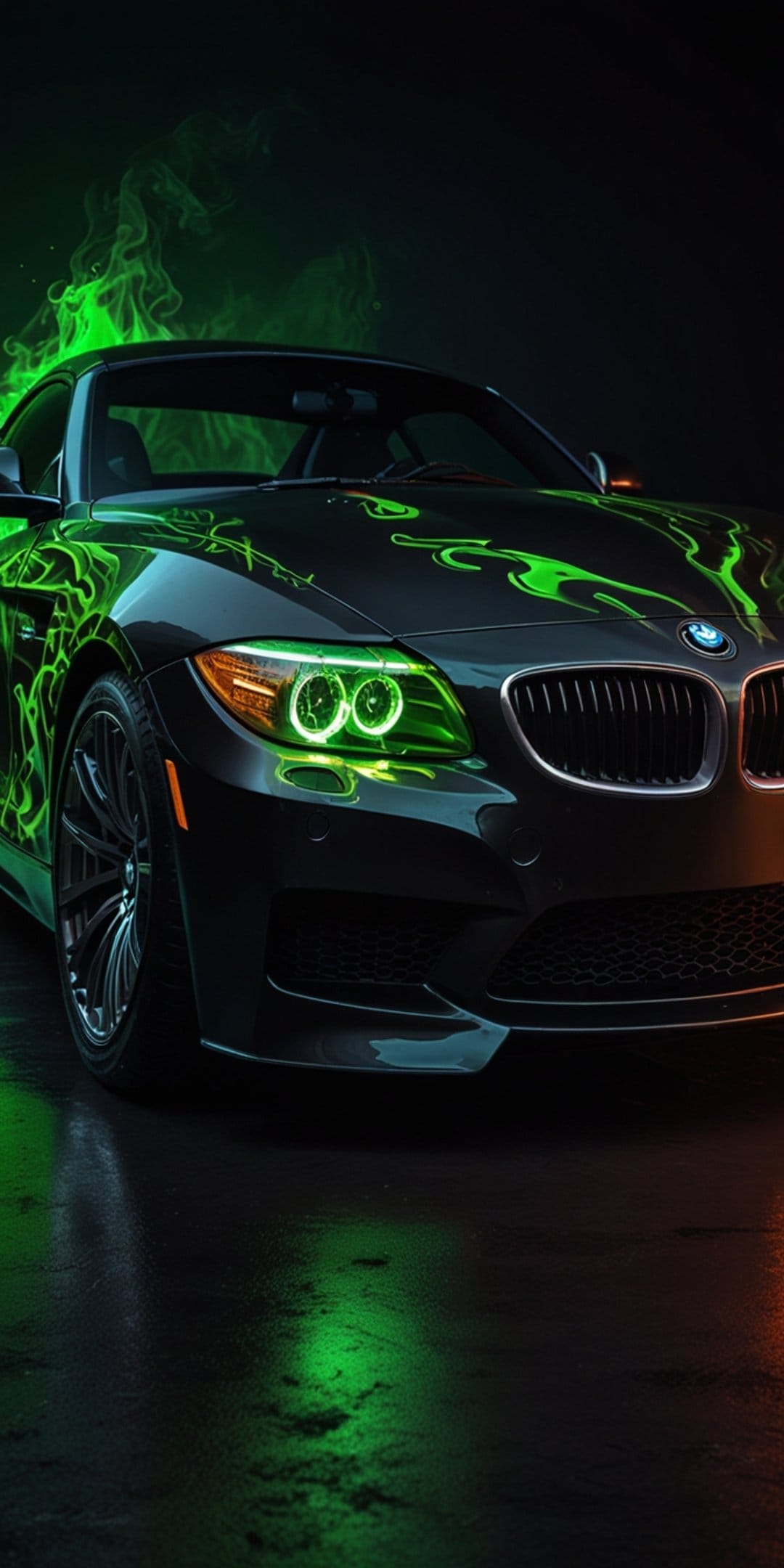 Black BMW sports car with green flame graphics and neon headlights reflected on a wet dark asphalt surface.