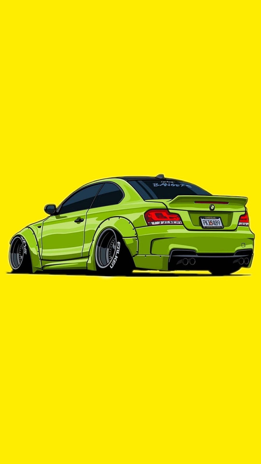 Neon green BMW coupe with widebody flares and a spoiler sits on deep-dish wheels against a yellow background.