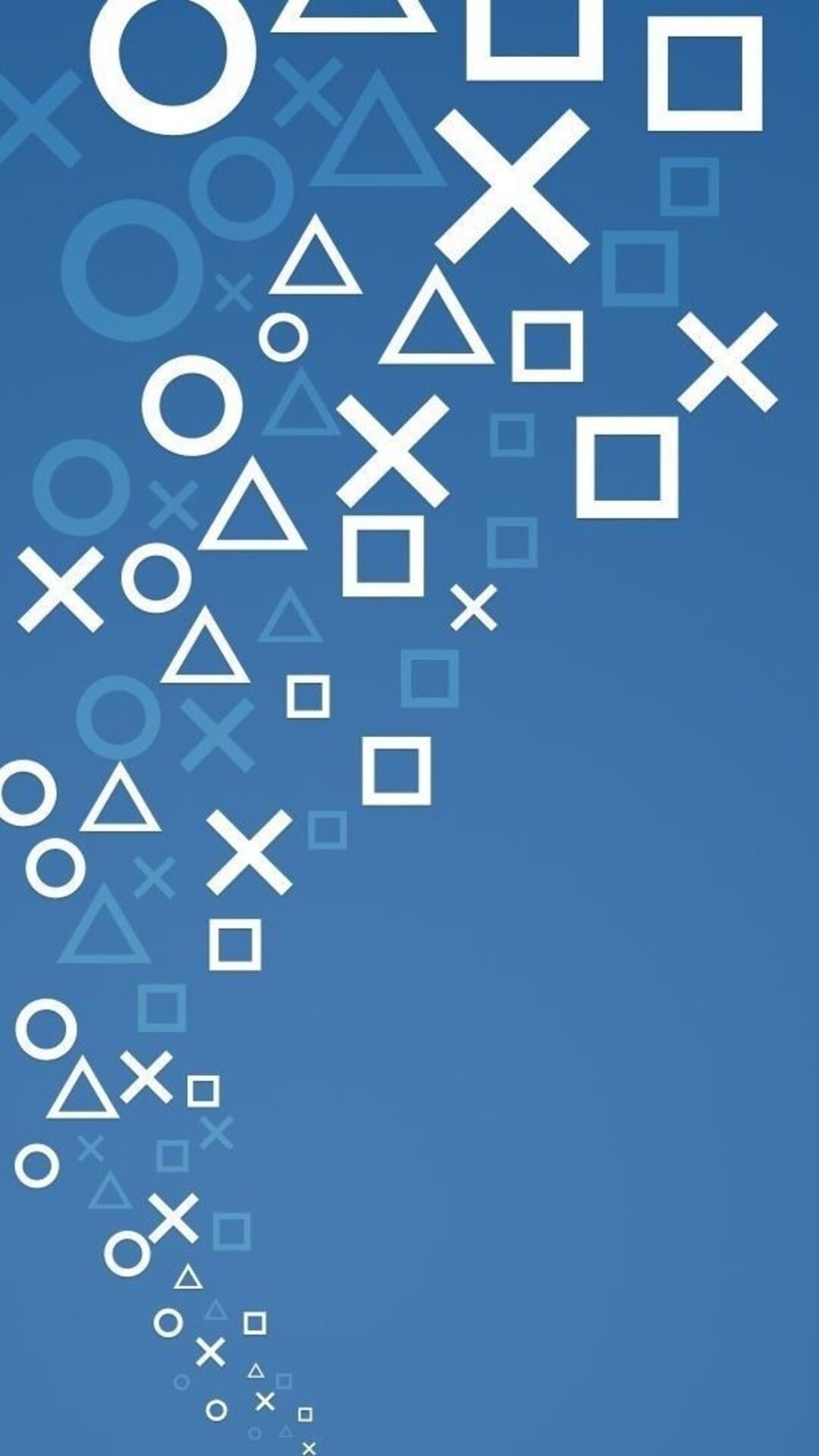 PlayStation symbols including a circle, cross, square, and triangle float over a deep blue gradient background.