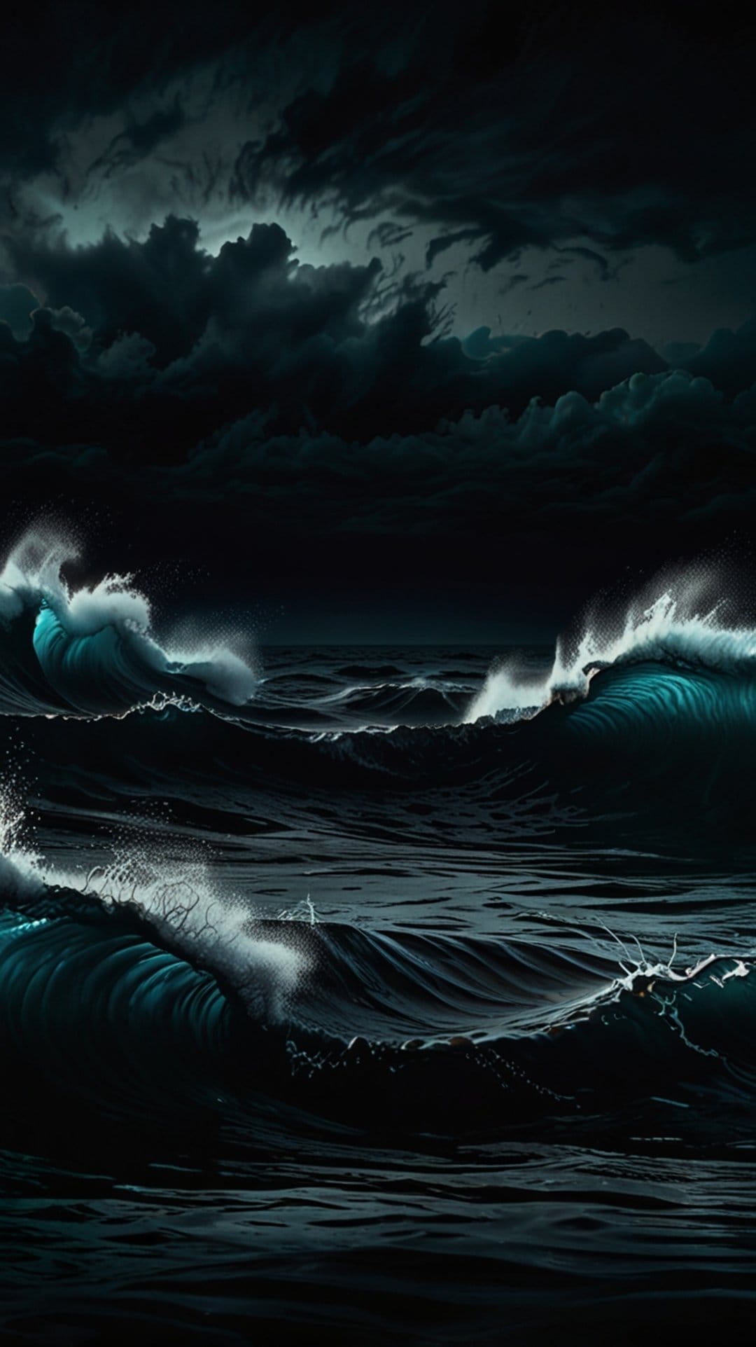 Crashing teal ocean waves swell under thick dark storm clouds during a high-energy maritime tempest at night.