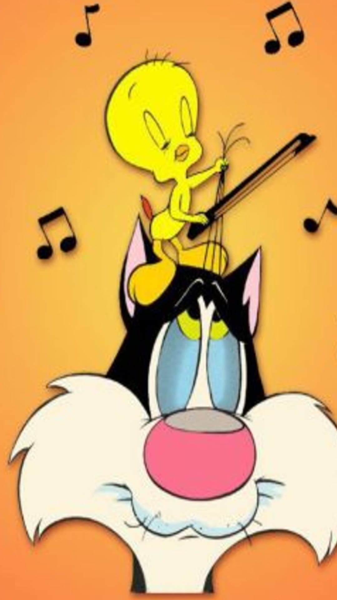 Tweety Bird plays a small violin while standing on Sylvester Cat’s head with musical notes floating nearby.
