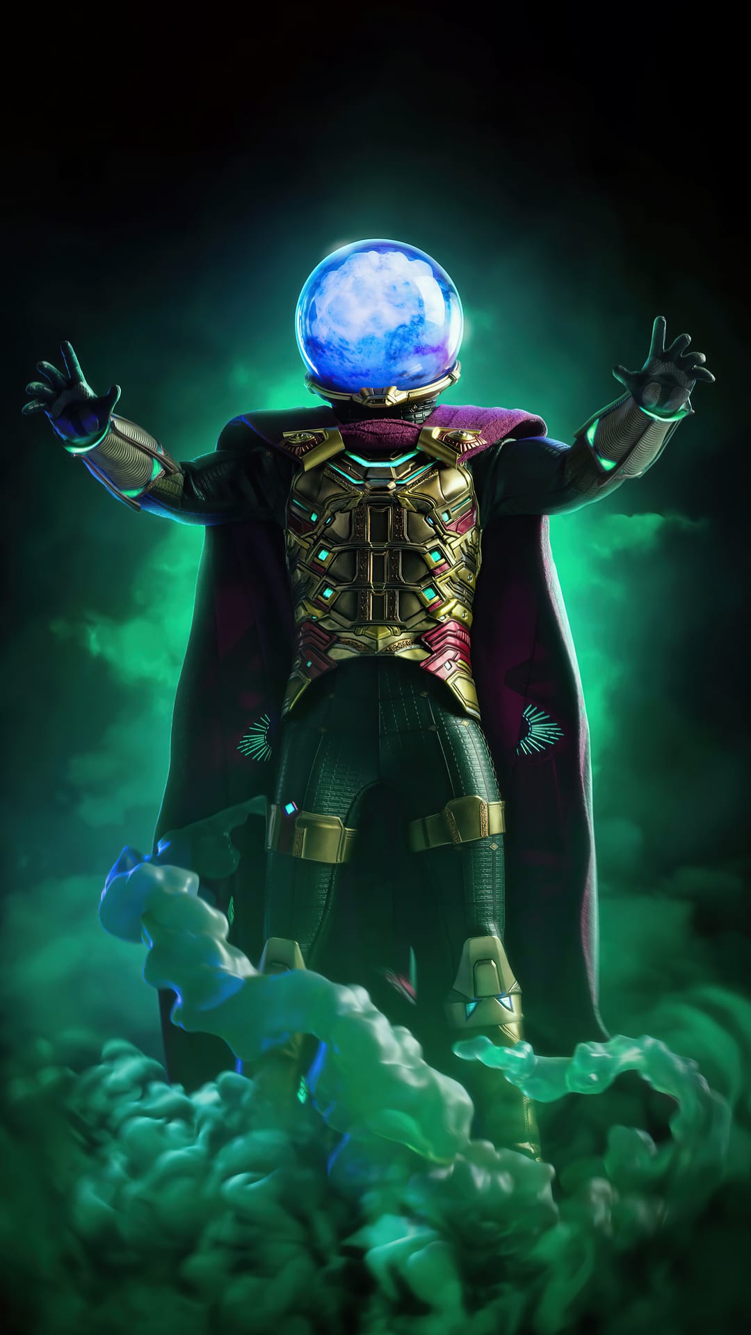 Mysterio stands in green smoke wearing a glowing glass helmet, golden chest plate, and flowing purple cape.